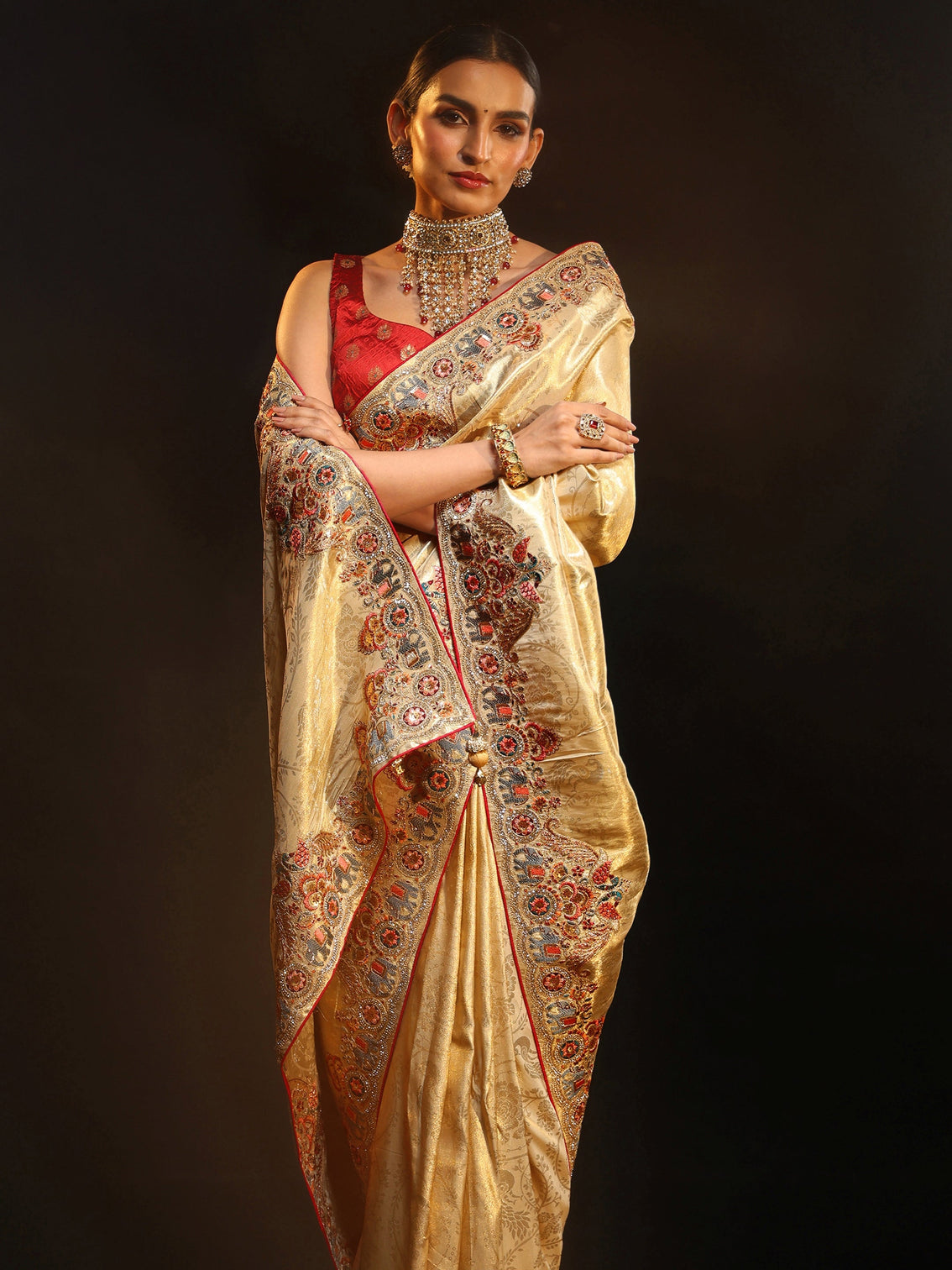 Mameraa Art Gold Silk Blend Saree with Embroidered Border