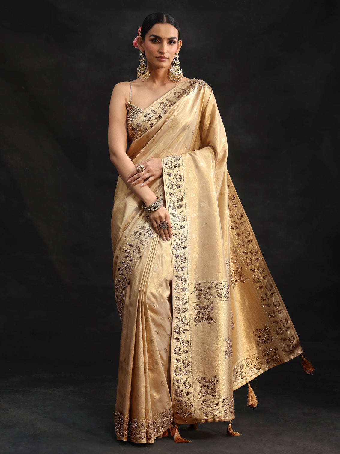 Mameraa Art Gold Silk Blend Saree with Stone Embellished Border