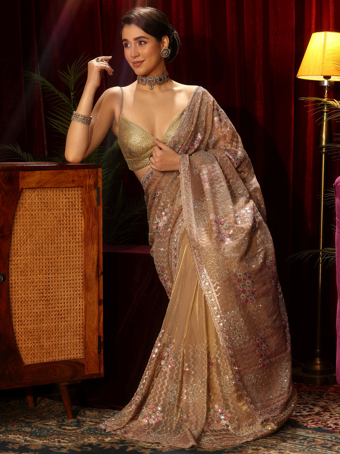 Mameraa Art Golden Chevron Embellished Tissue Saree