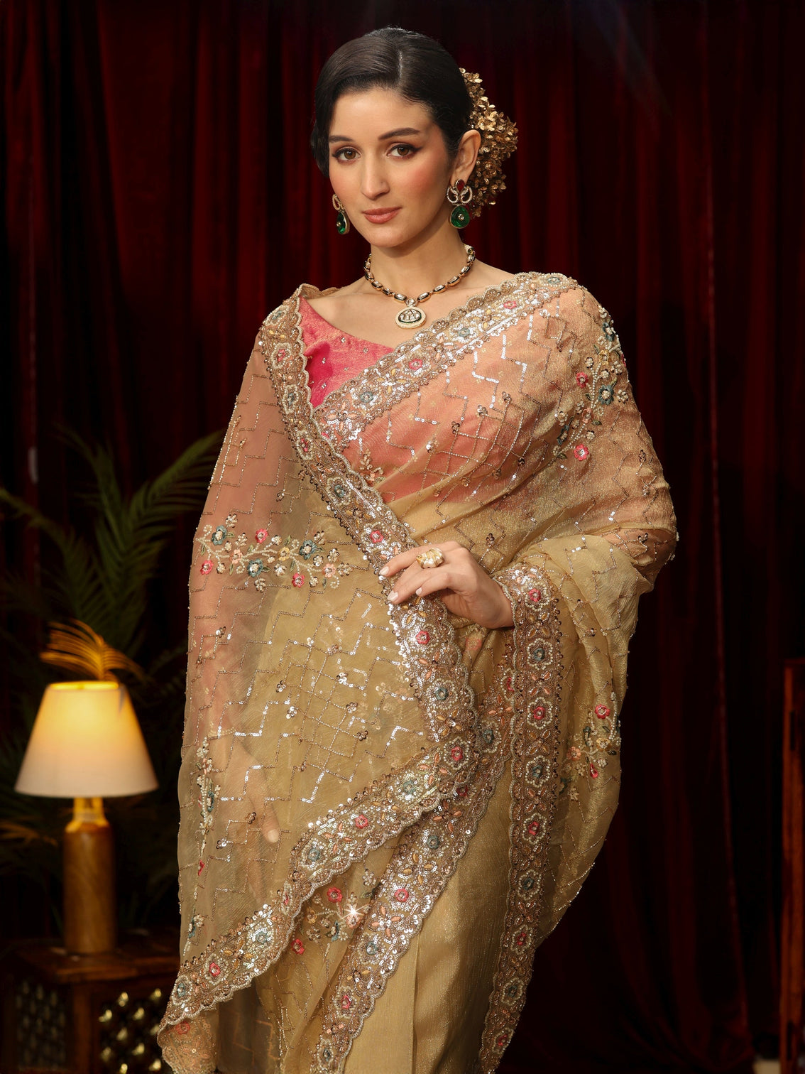 Mameraa Art Golden Chevron Embellished Tissue Saree