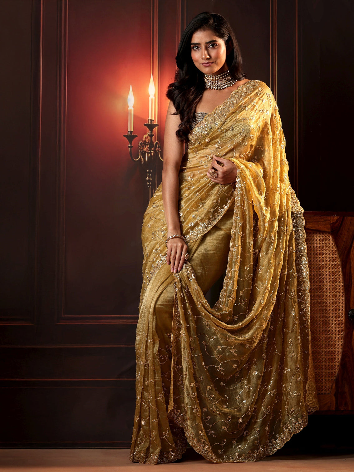 Mameraa Art Golden Embellished Organza Saree