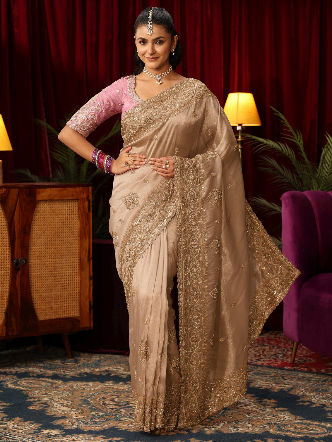 Mameraa Art Golden Floral Bead and Sequin Embellished Tissue Saree
