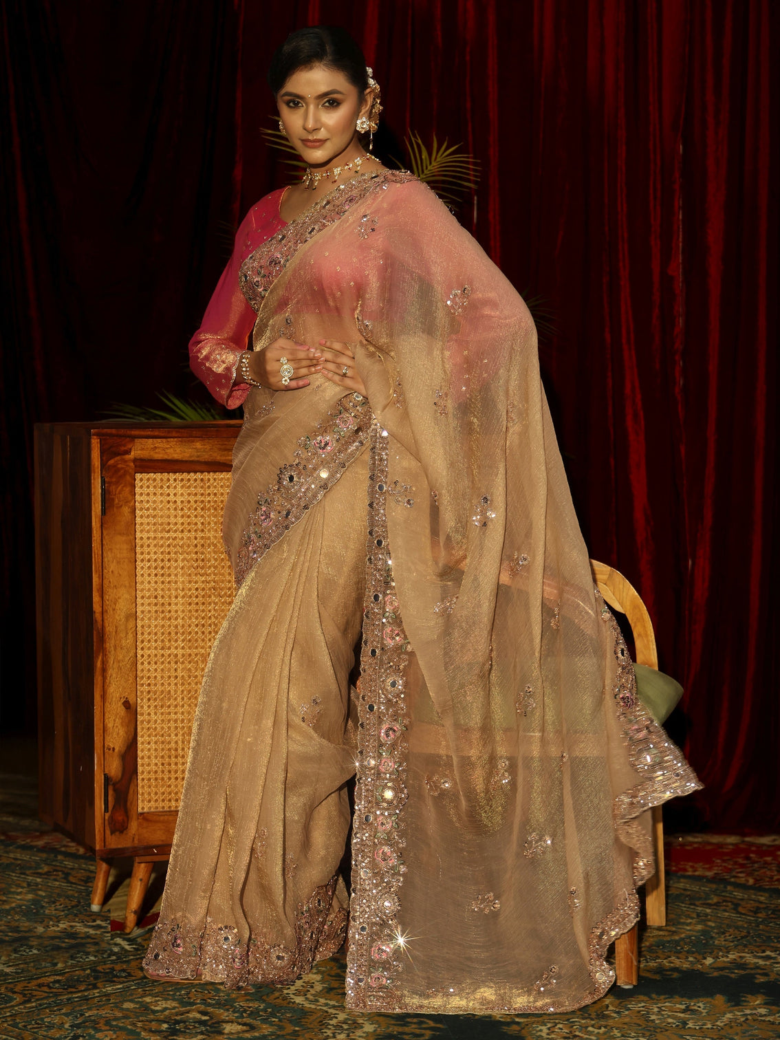 Mameraa Art Golden Floral Embellished Organza Saree - Mameraa