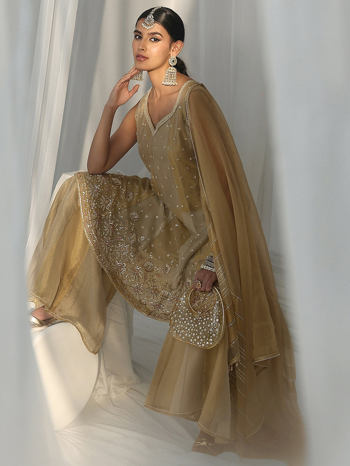 Mameraa Art Golden Floral Embellished Sleeveless Tissue Sharara Suit Set