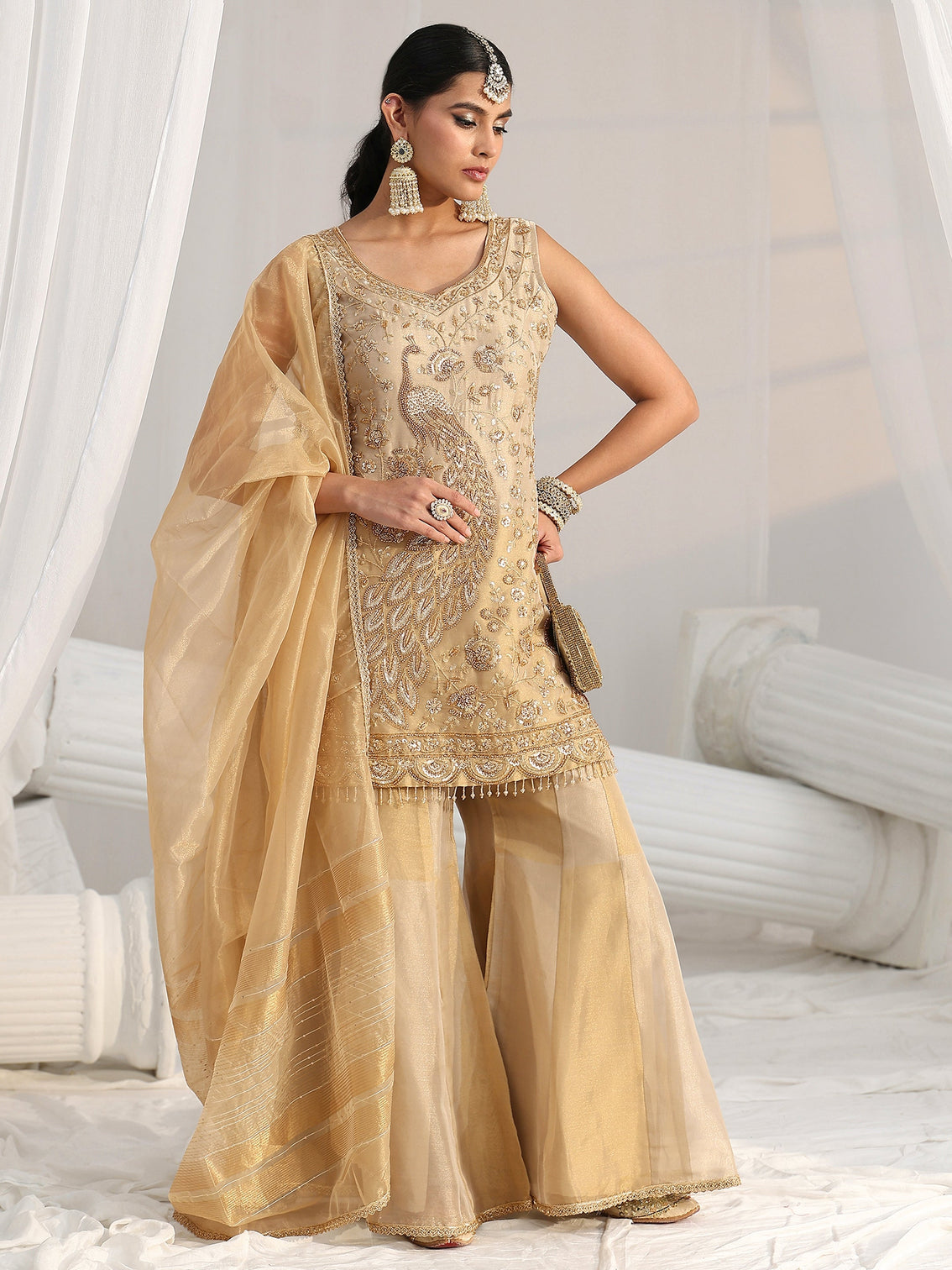 Mameraa Art Golden Floral Embellished Sleeveless Tissue Sharara Suit Set