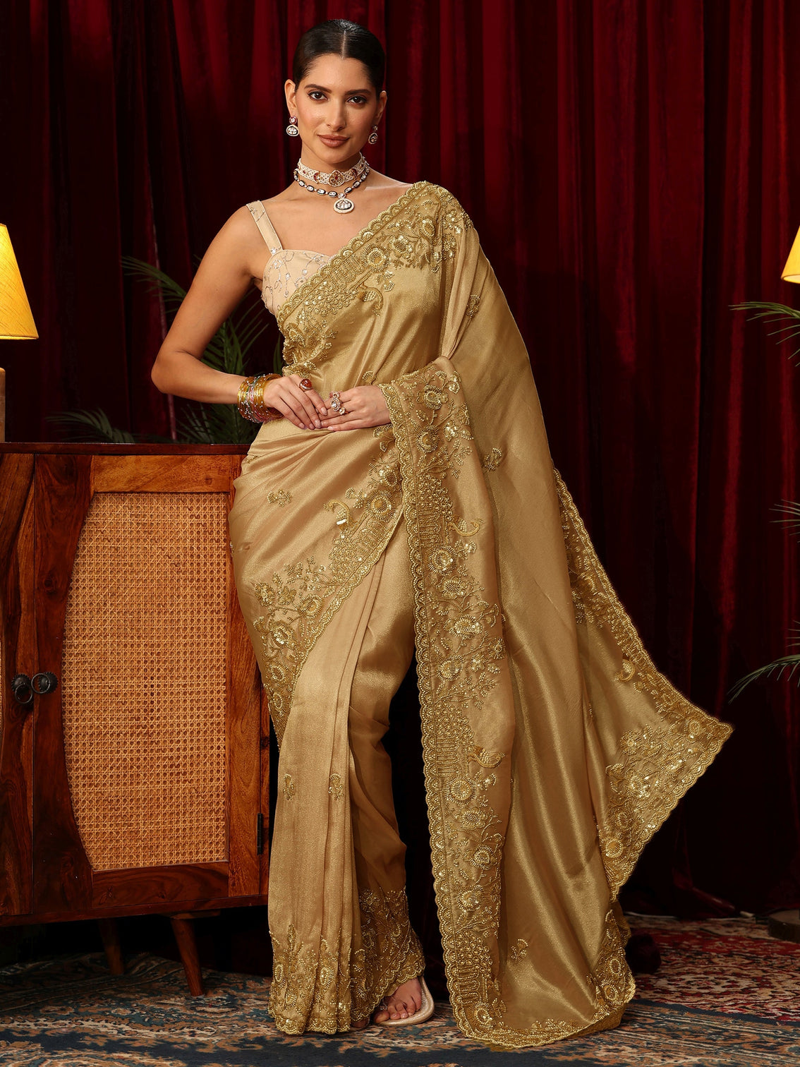 Mameraa Art Golden Floral Embellished Tissue Saree