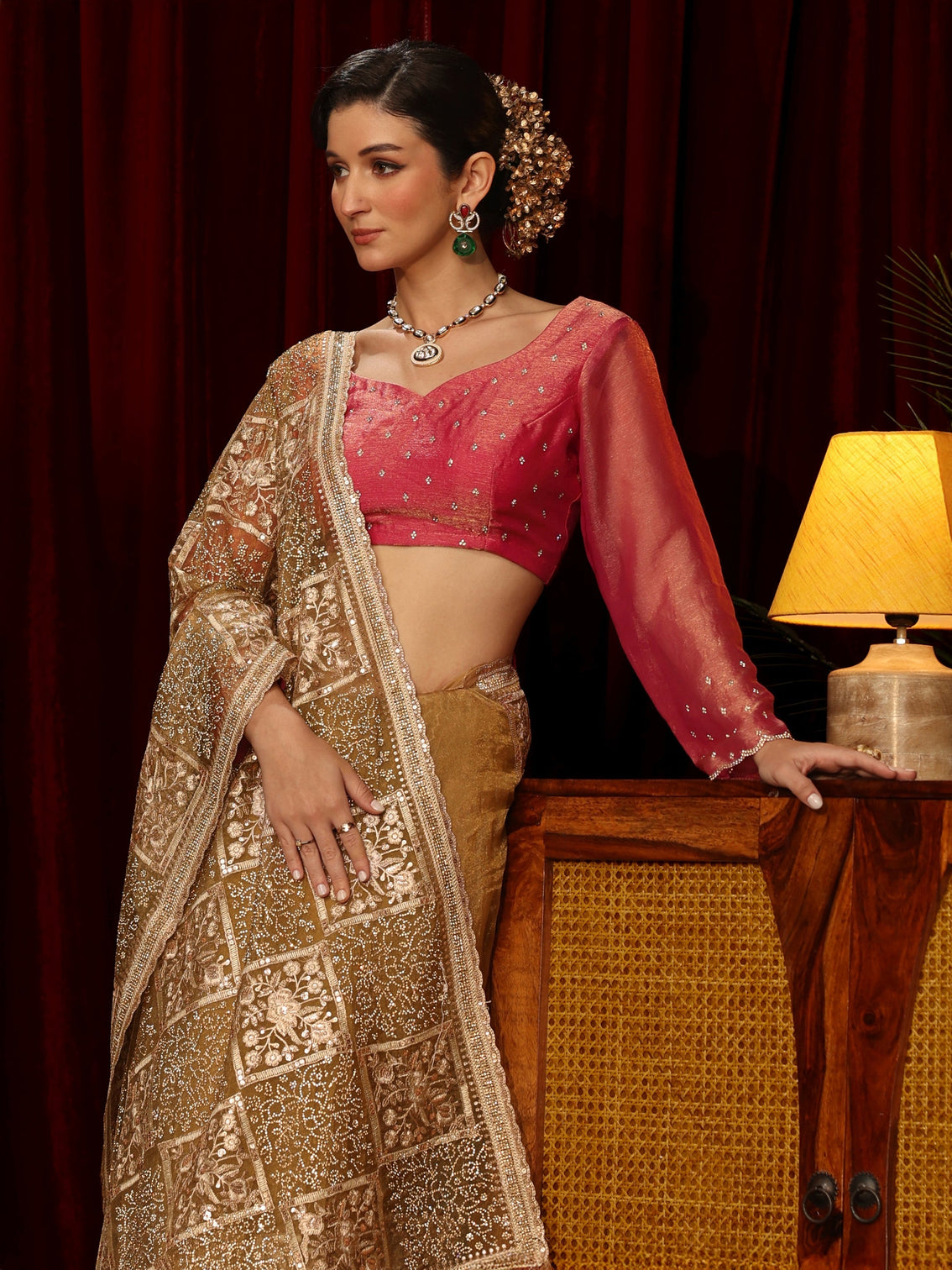 Mameraa Art Golden Floral Embellished Tissue Saree - Mameraa