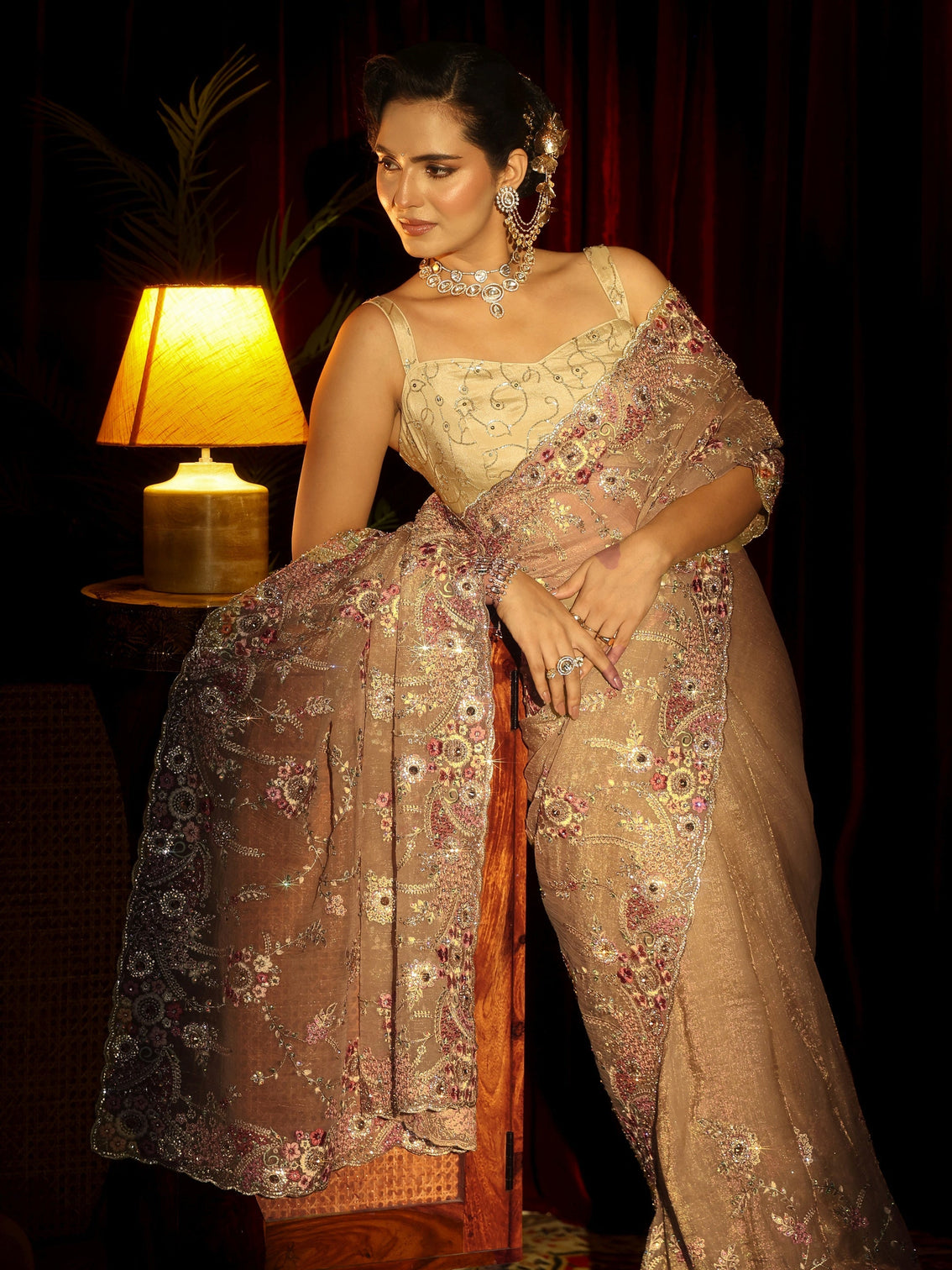 Mameraa Art Golden Floral Embroidered Tissue Saree