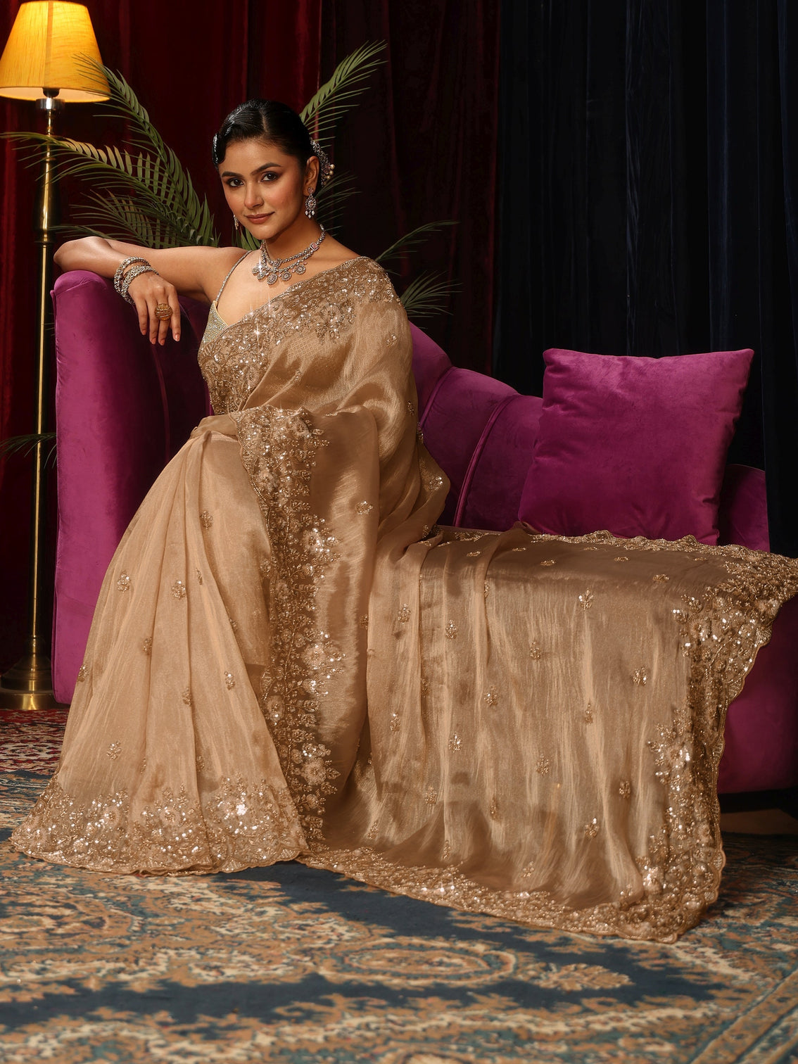 Mameraa Art Golden Floral Sequin Embellished Tissue Saree