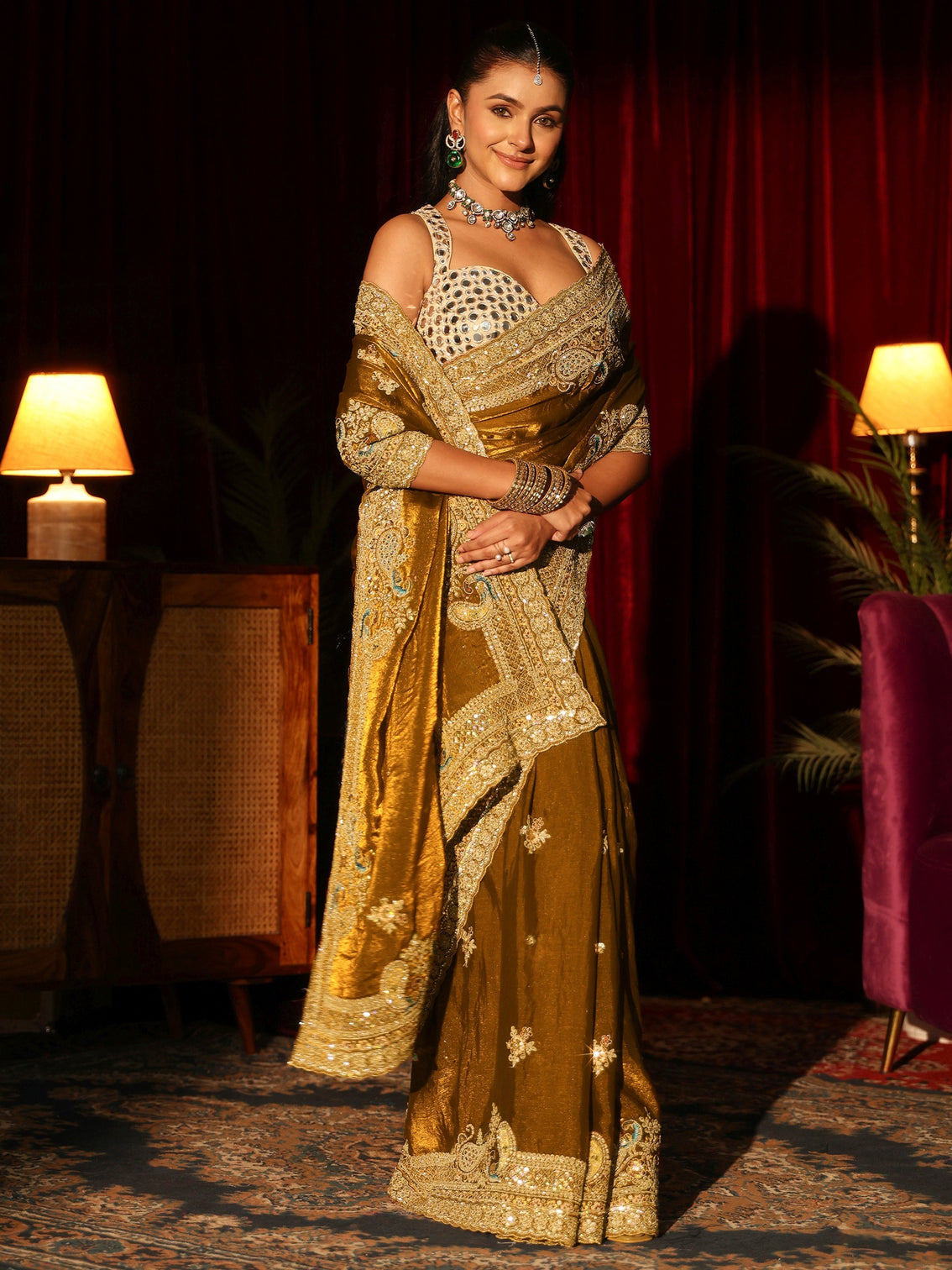 Mameraa Art Golden Mustard Tissue Saree with Embellished Peacock Border