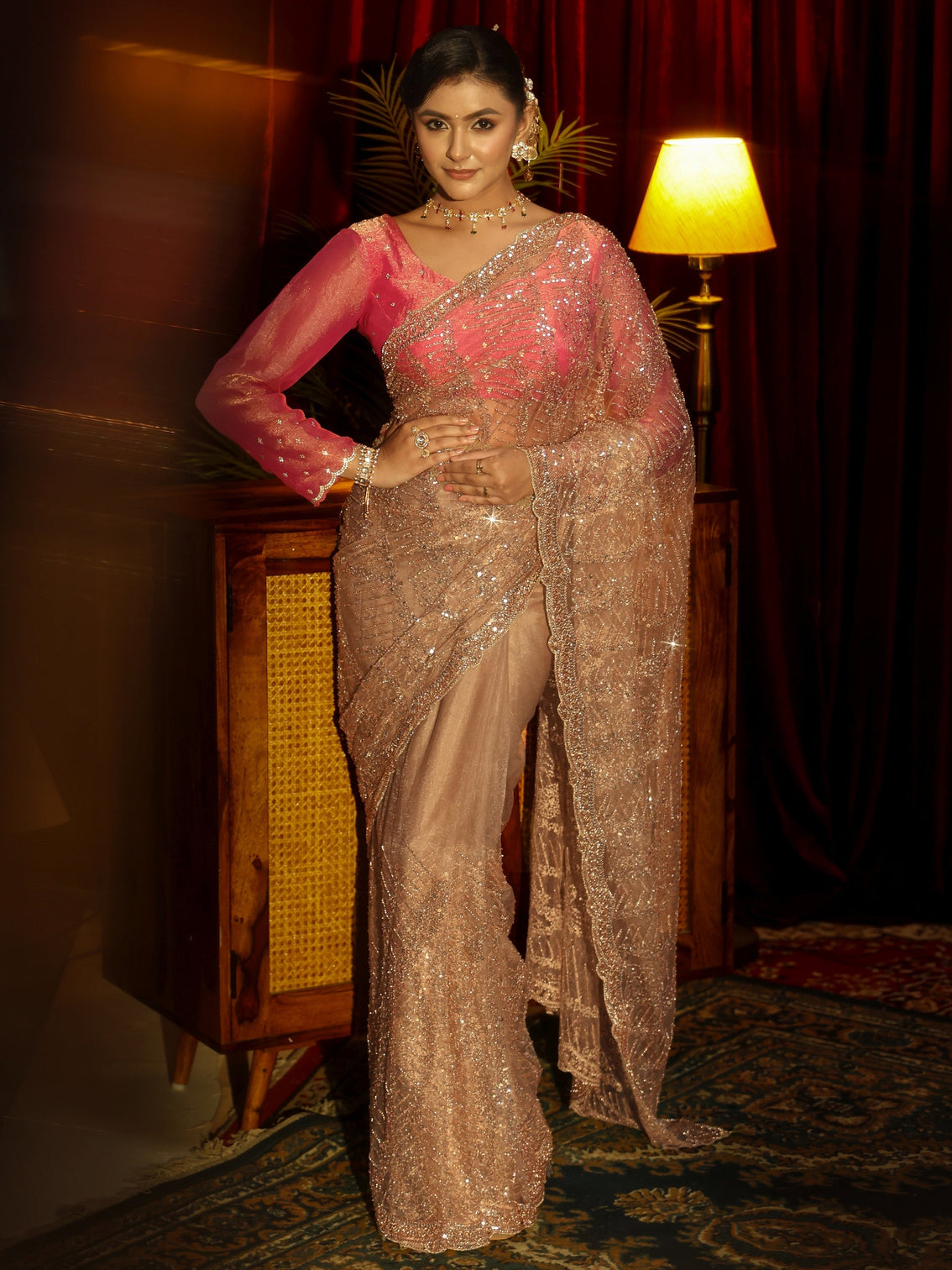 Mameraa Art Golden Sequin Embellished Net Saree