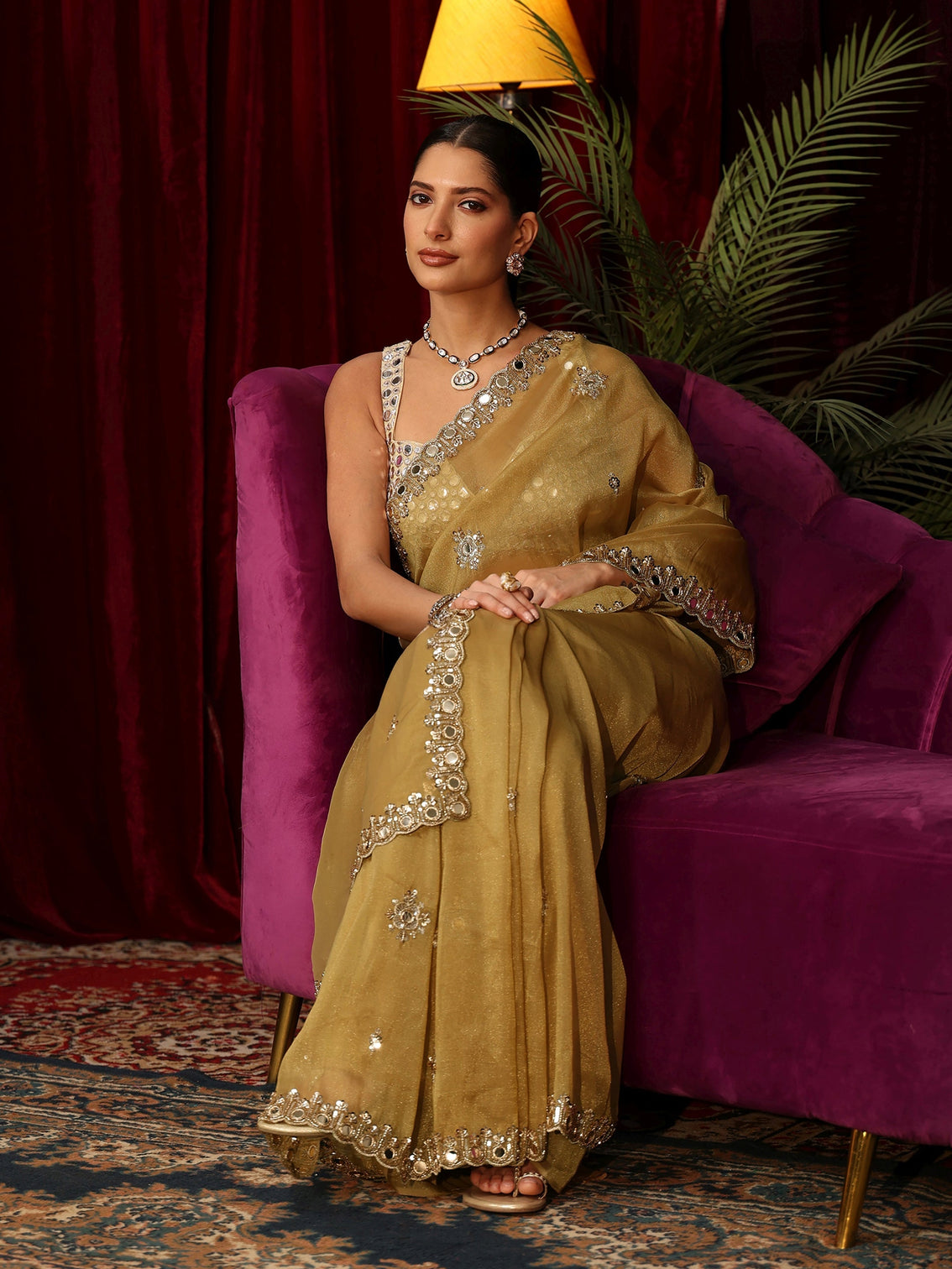 Mameraa Art Golden Tisssue Saree with Mirror Work Floral Embellishments
