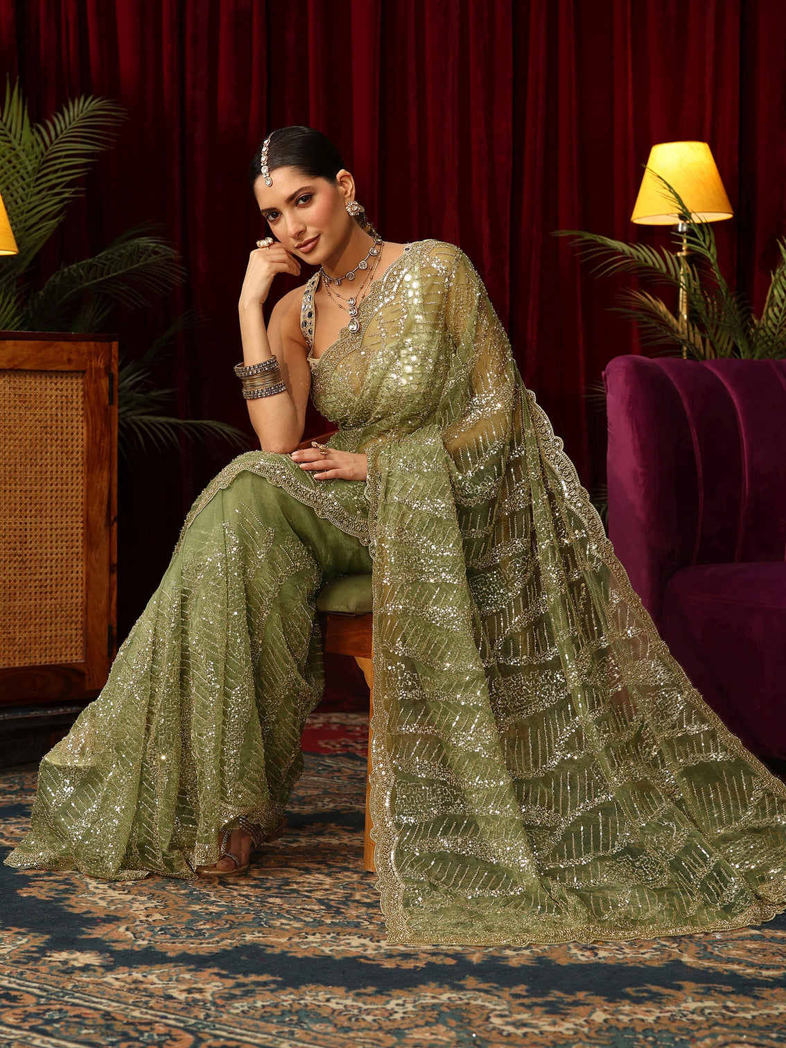 Mameraa Art Green Bead and Sequin Embellished Net Saree