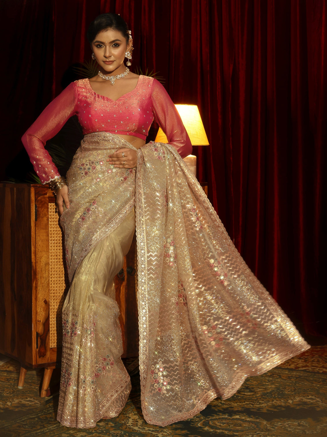 Mameraa Art Green Chevron Sequin Embellished Tissue Saree