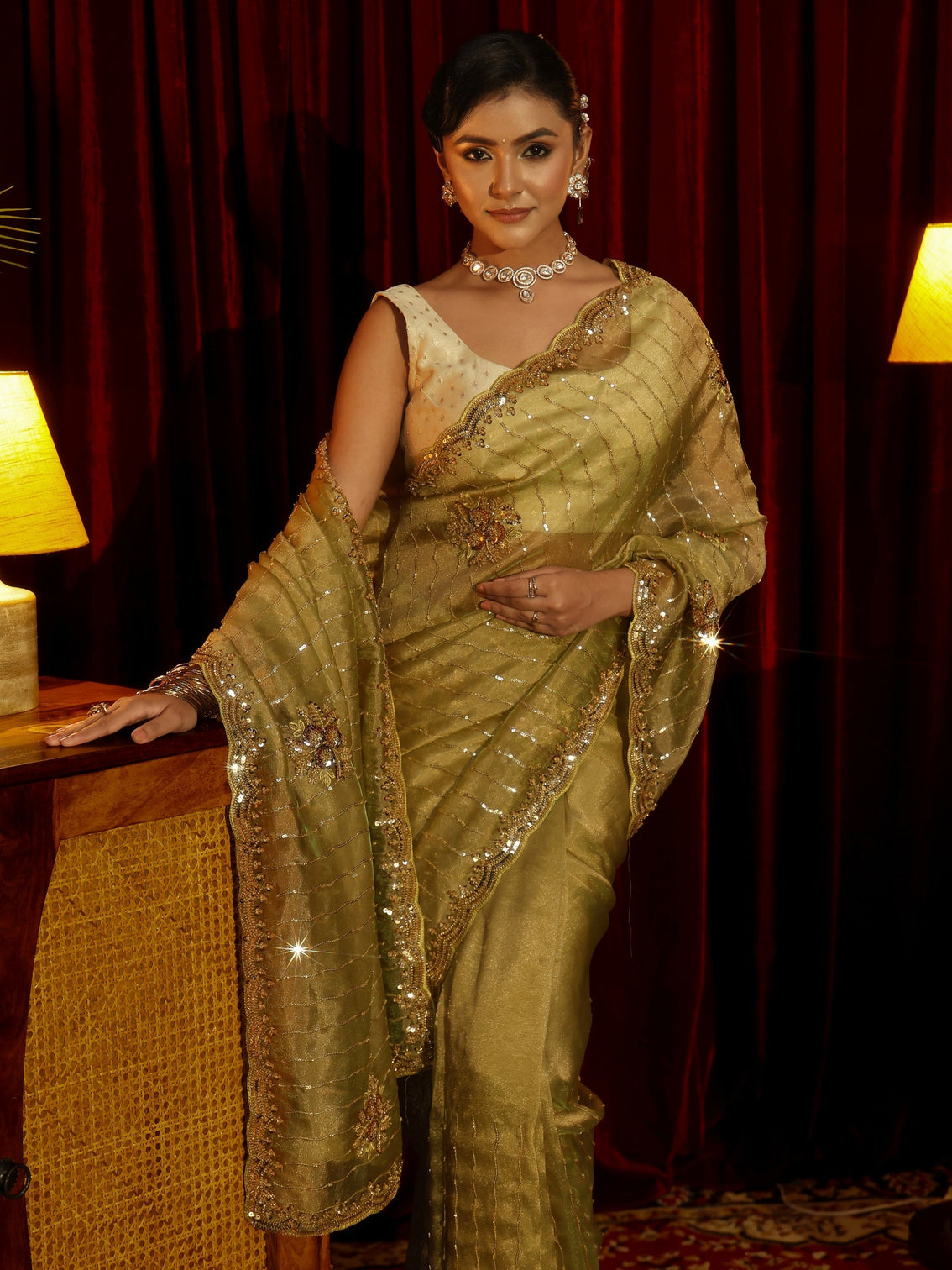 Mameraa Art Green Embellished Tissue Saree