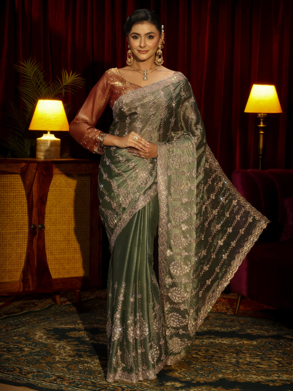 Mameraa Art Green Embroidered Tissue Saree
