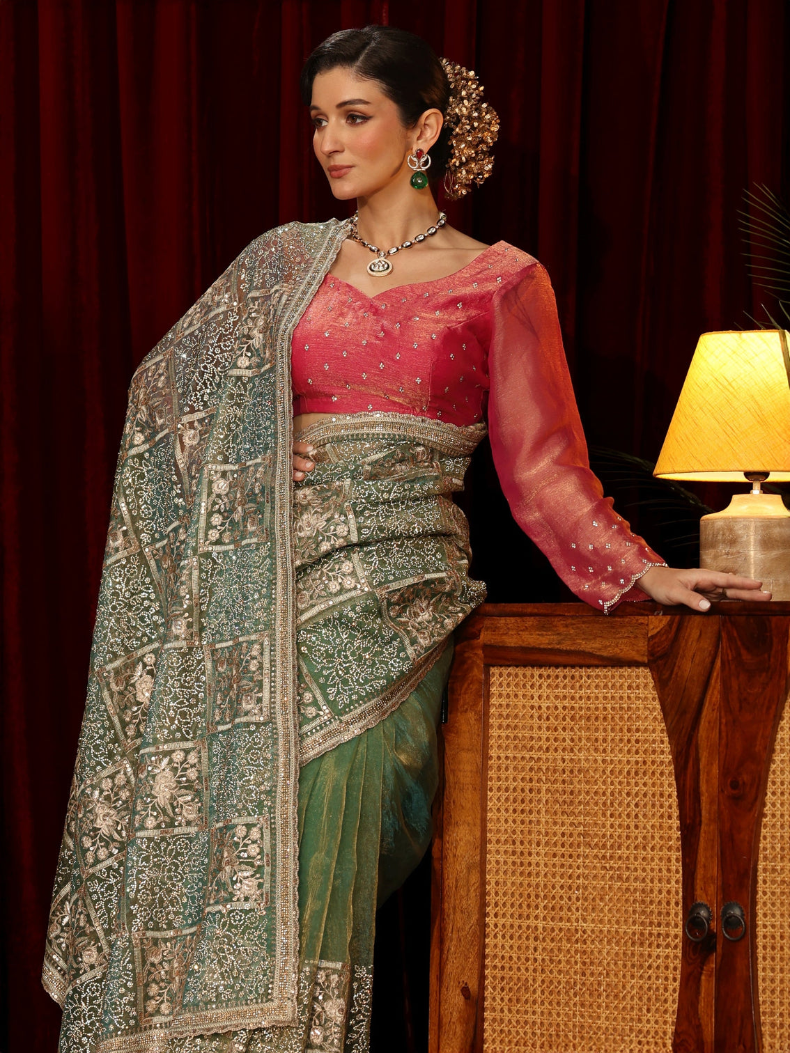Mameraa Art Green Floral Embellished Tissue Saree