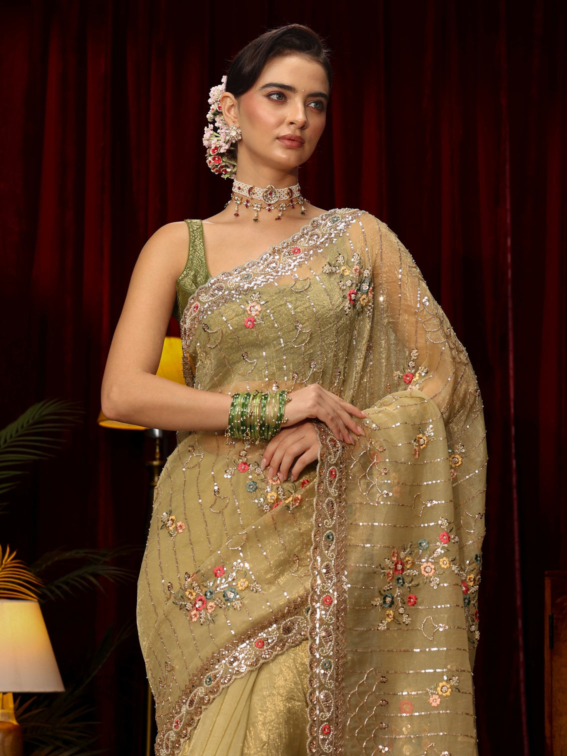 Mameraa Art Green Floral Embellished Tissue Saree