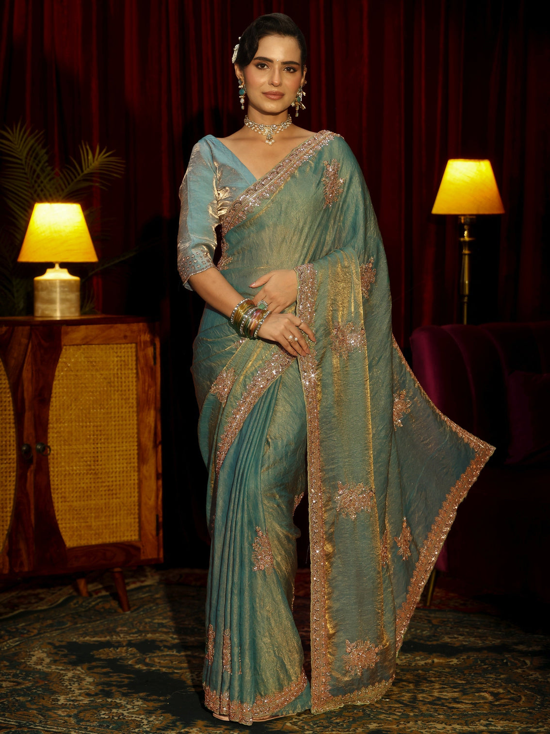 Mameraa Art Green Floral Embellished Tissue Saree