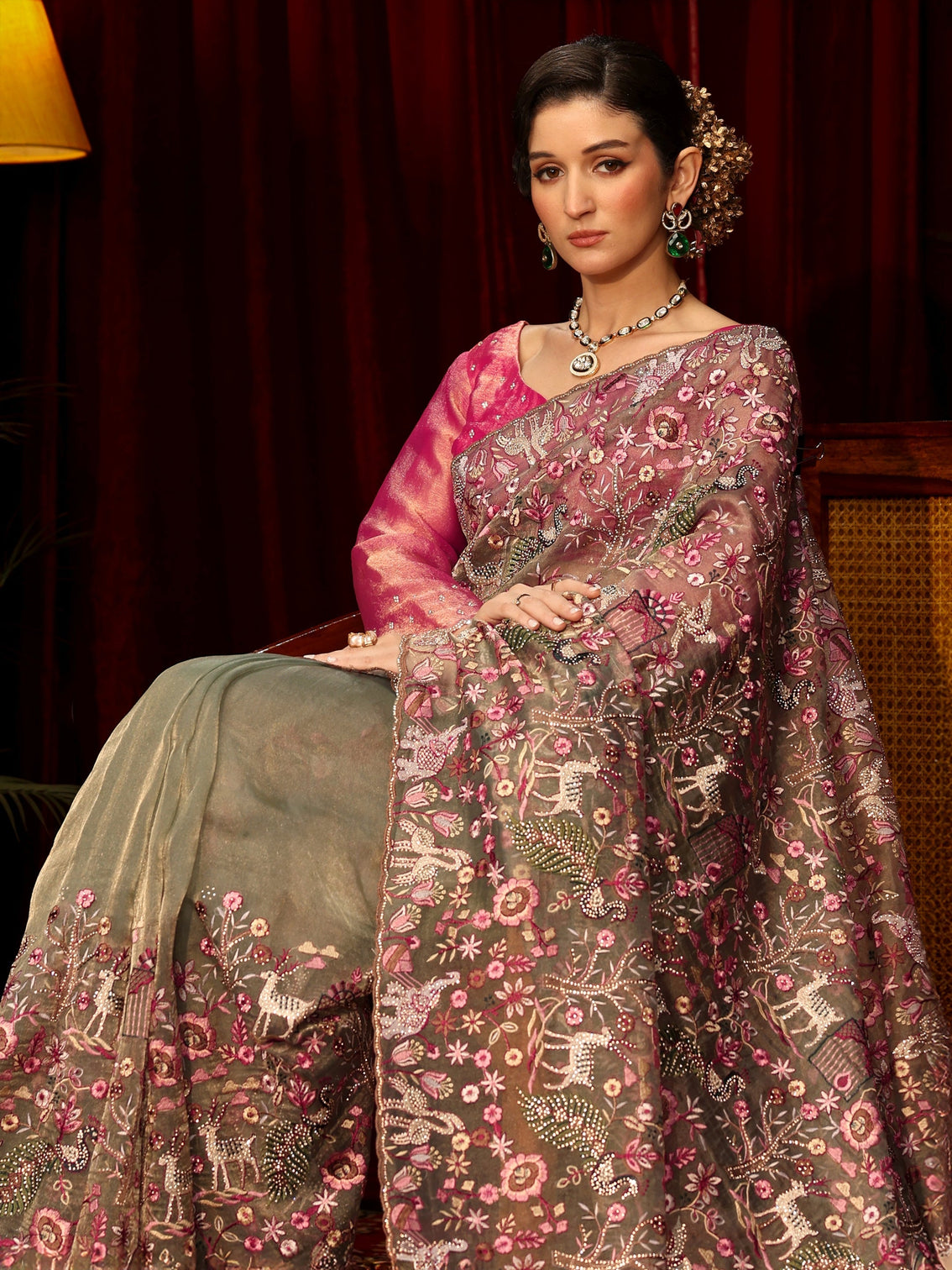 Mameraa Art Green Floral Embroidered Tissue Saree