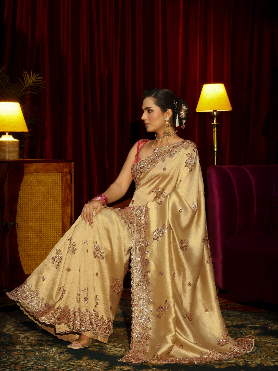 Mameraa Art Green Floral Sequins Embellished Tissue Saree