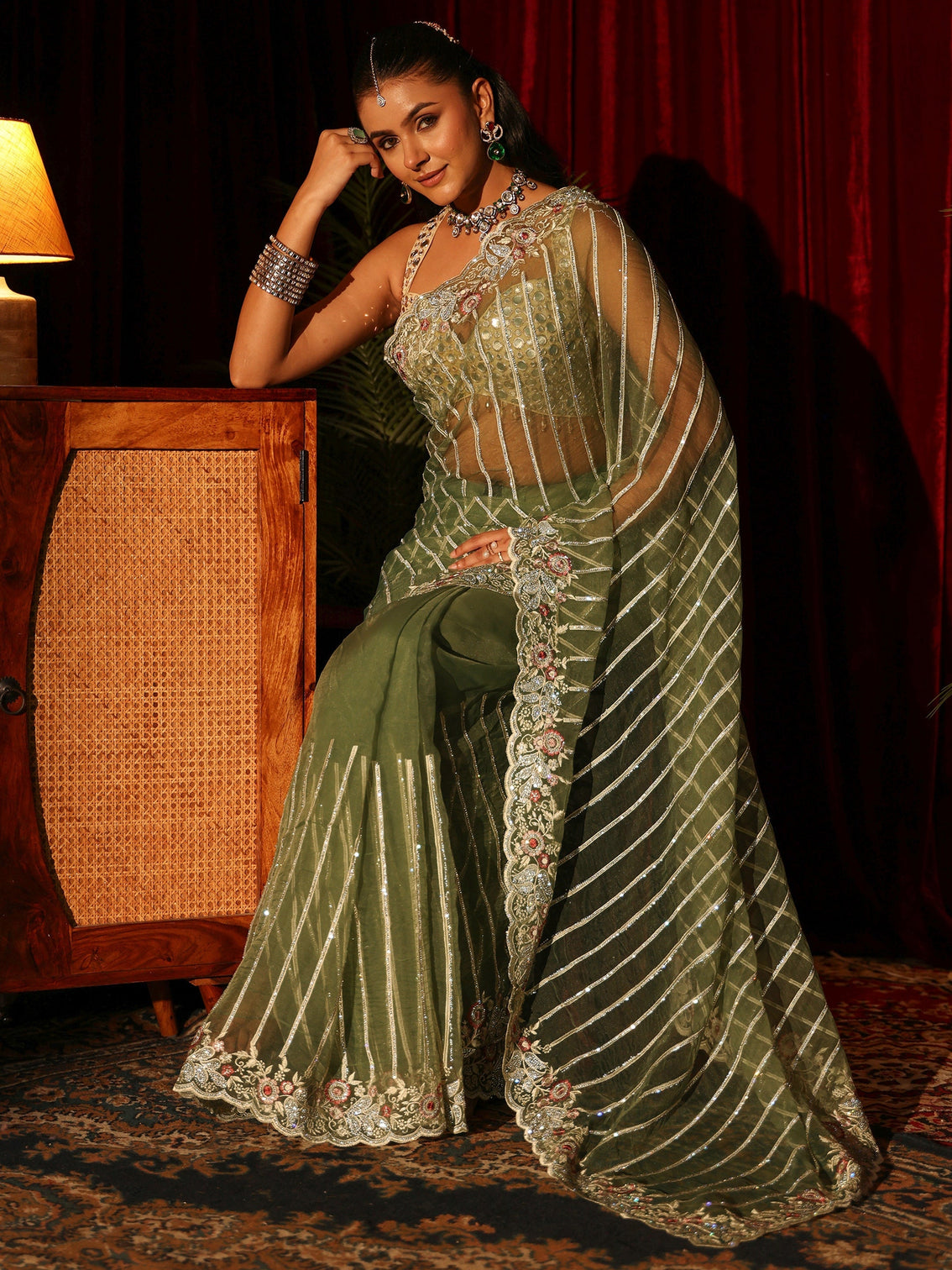 Mameraa Art Green Gota Striped Tissue Saree with Embroidered Border