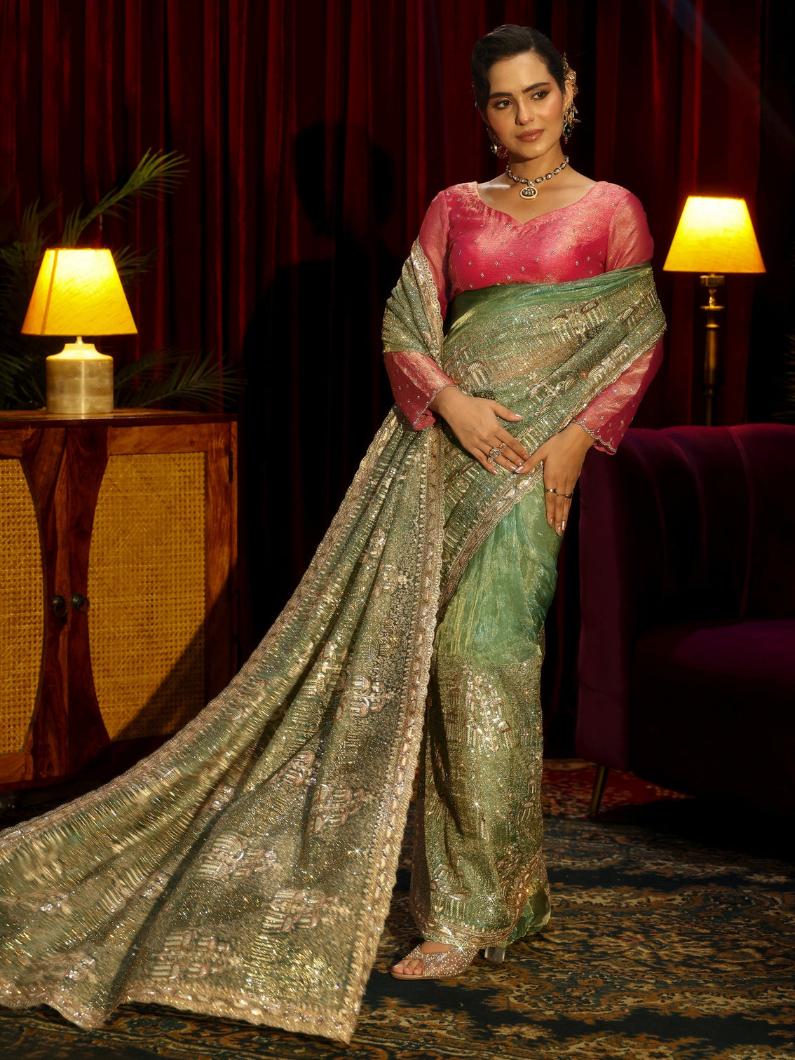 Mameraa Art Green Sequin Embellished Tissue Saree