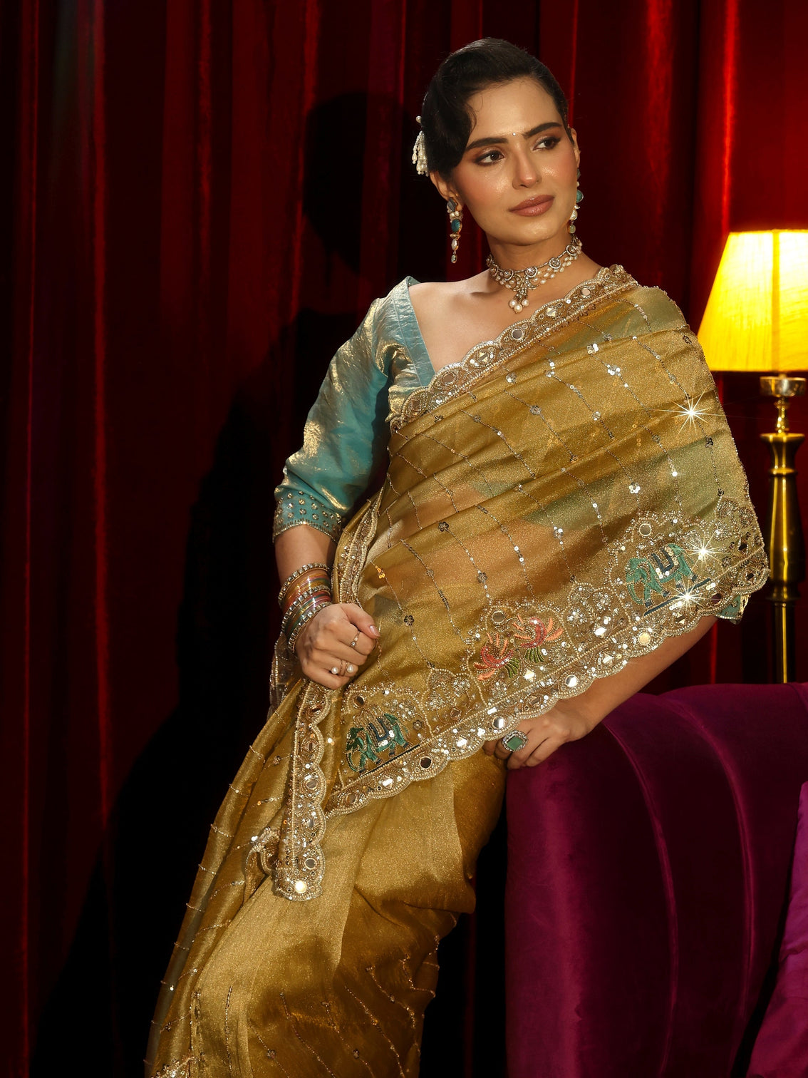 Mameraa Art Green Sequin Embellished Tissue Saree
