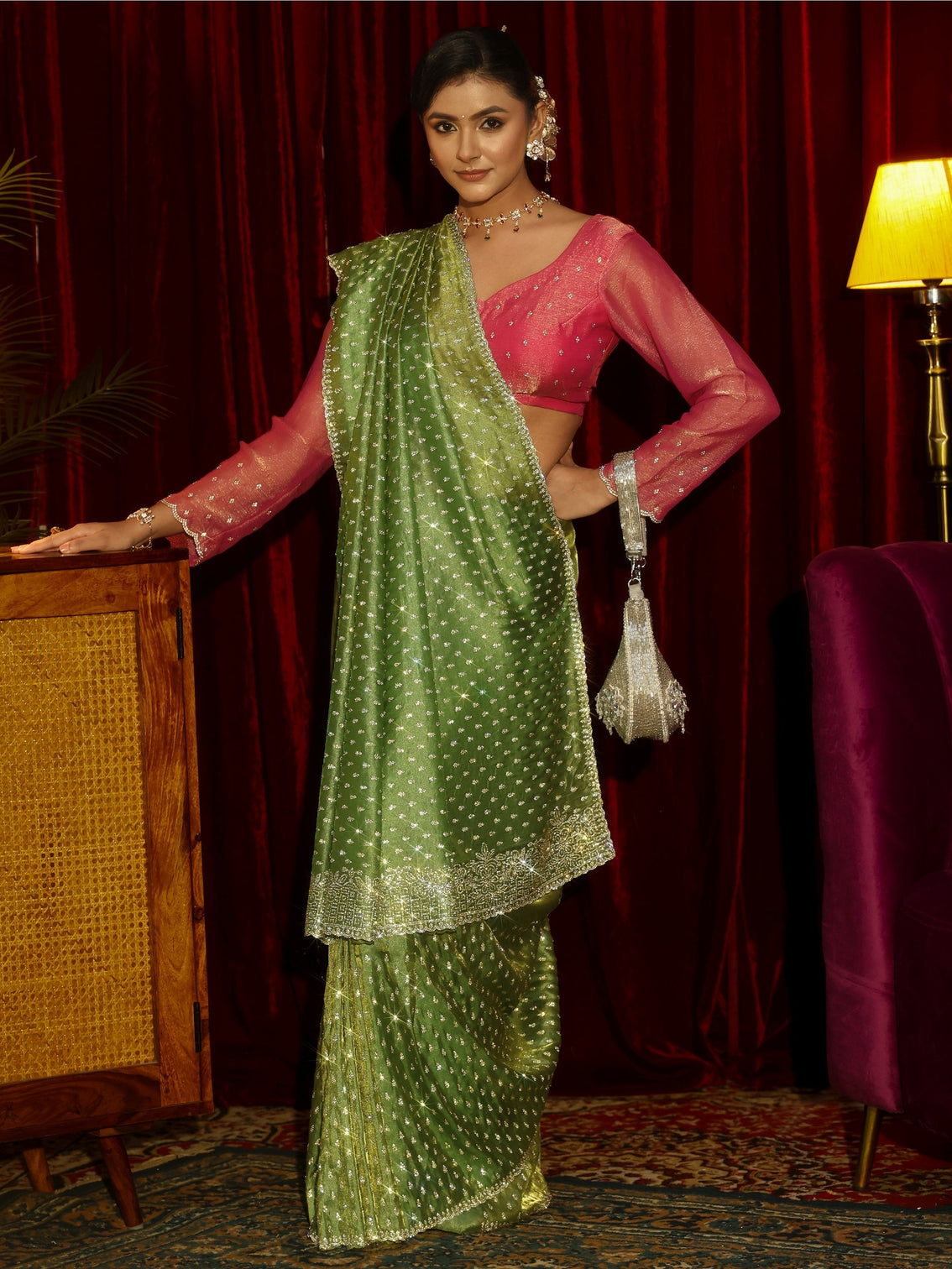 Mameraa Art Green Stone Work Embellished Tissue Saree