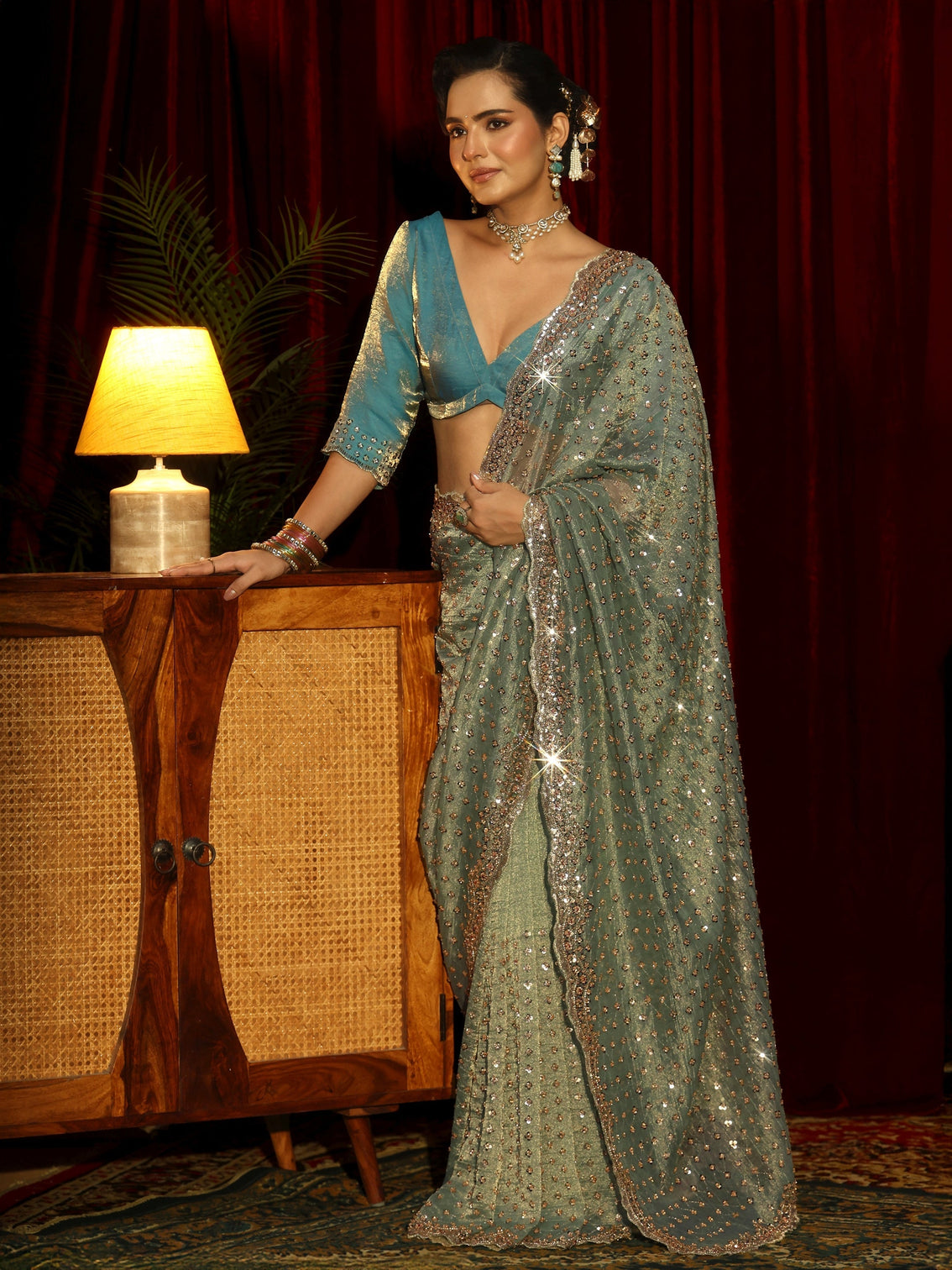Mameraa Art Green Stone Work Embellished Tissue Saree