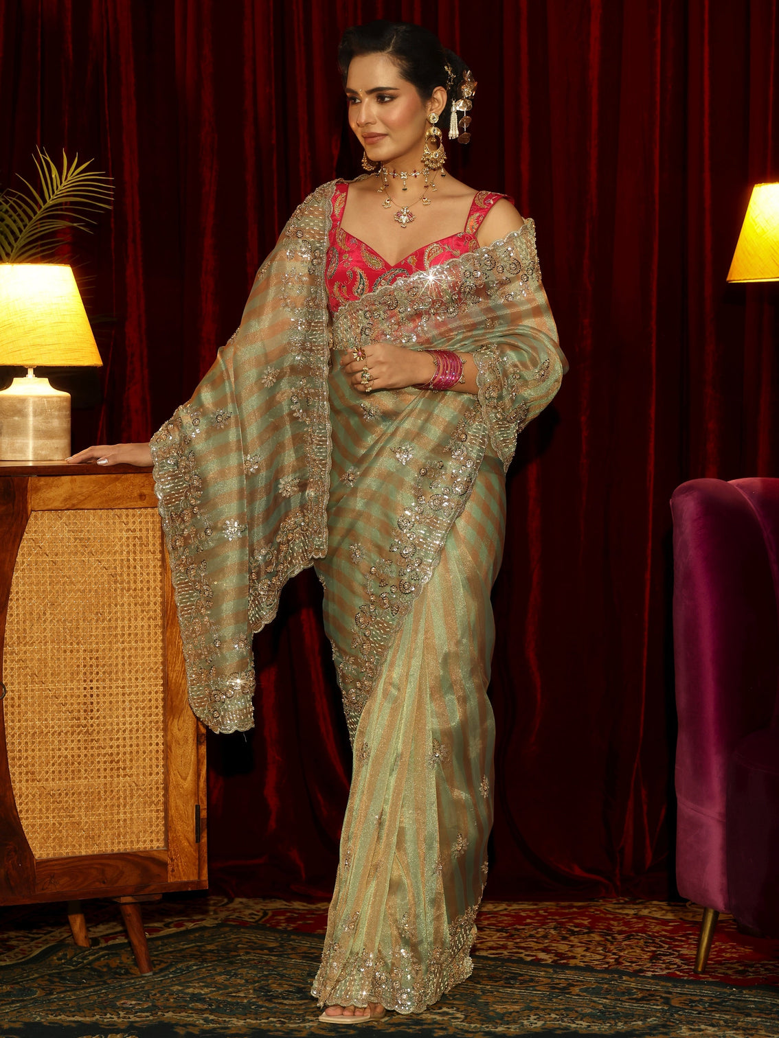 Mameraa Art Green Striped Sequin Embellished Tisue Saree
