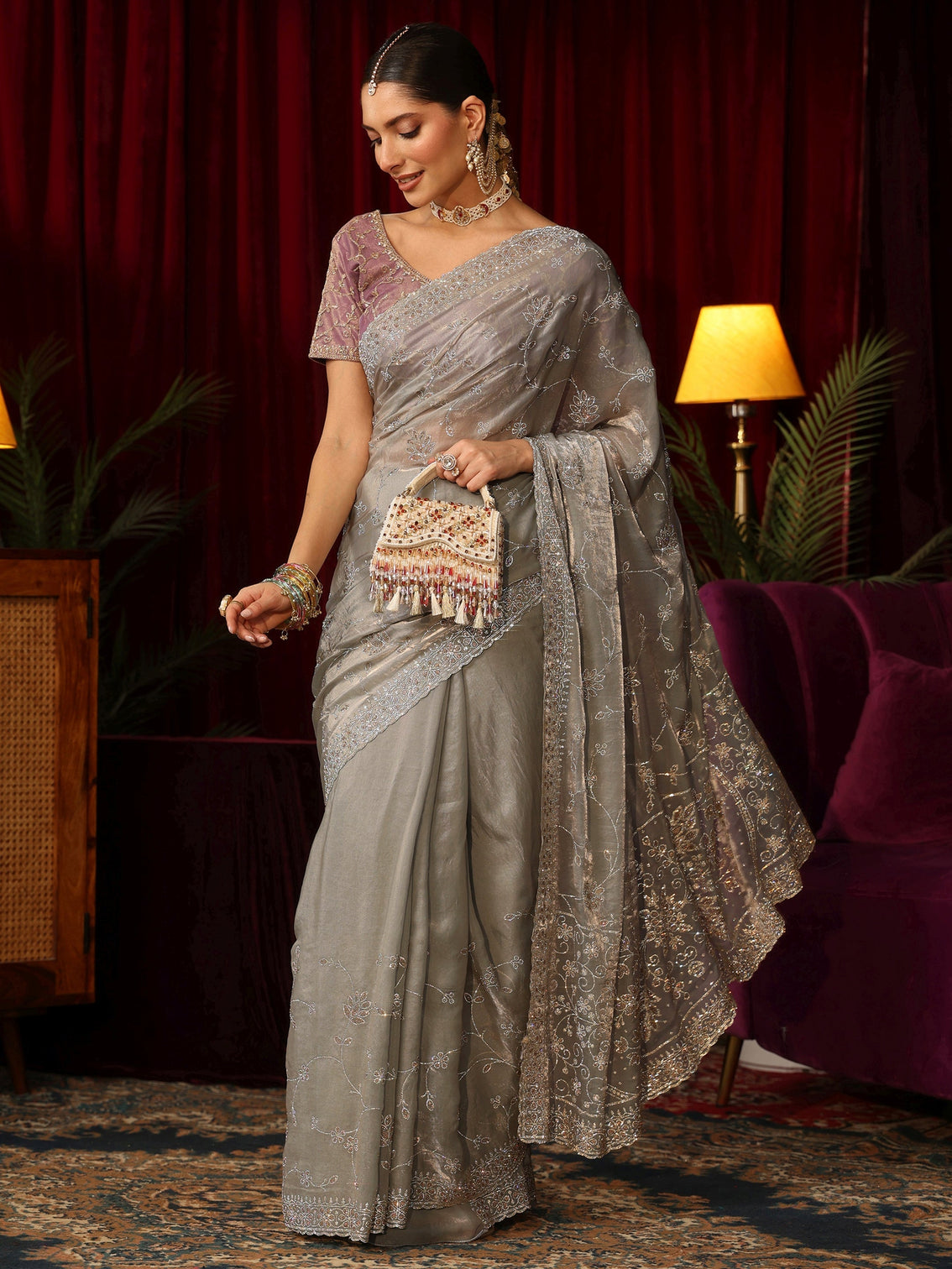 Mameraa Art Grey Floral Bead Embellished Tissue Saree