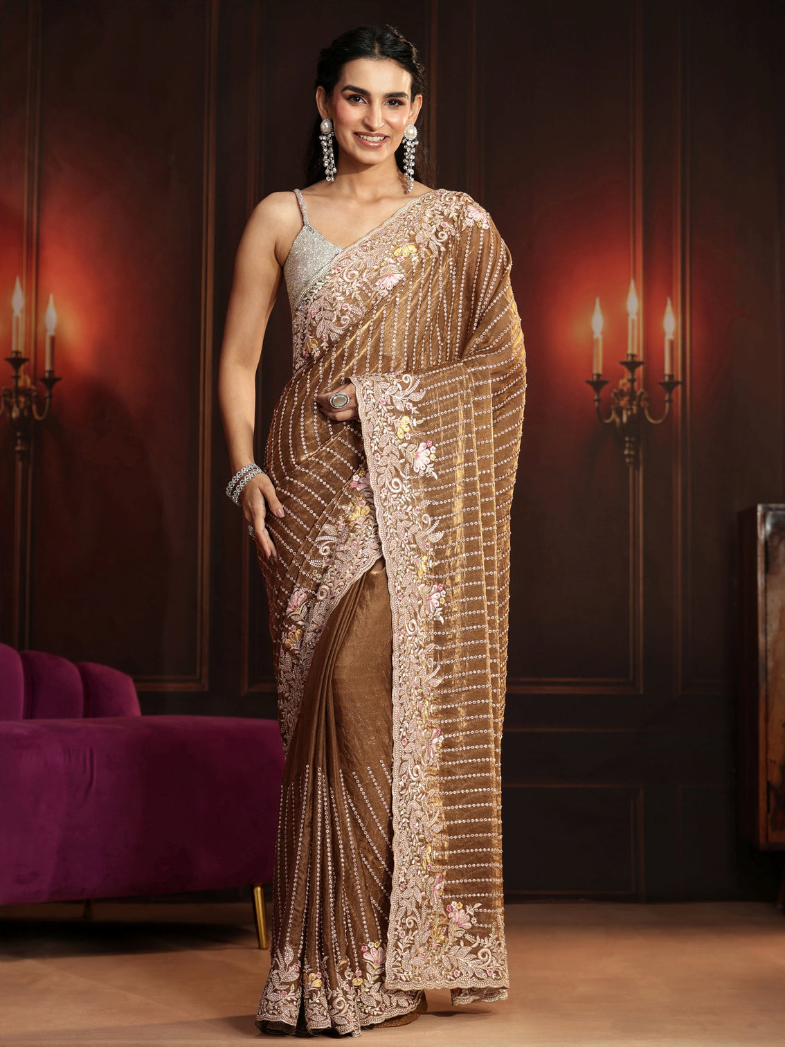 Mameraa Art Henna Green Embellished Tissue Saree
