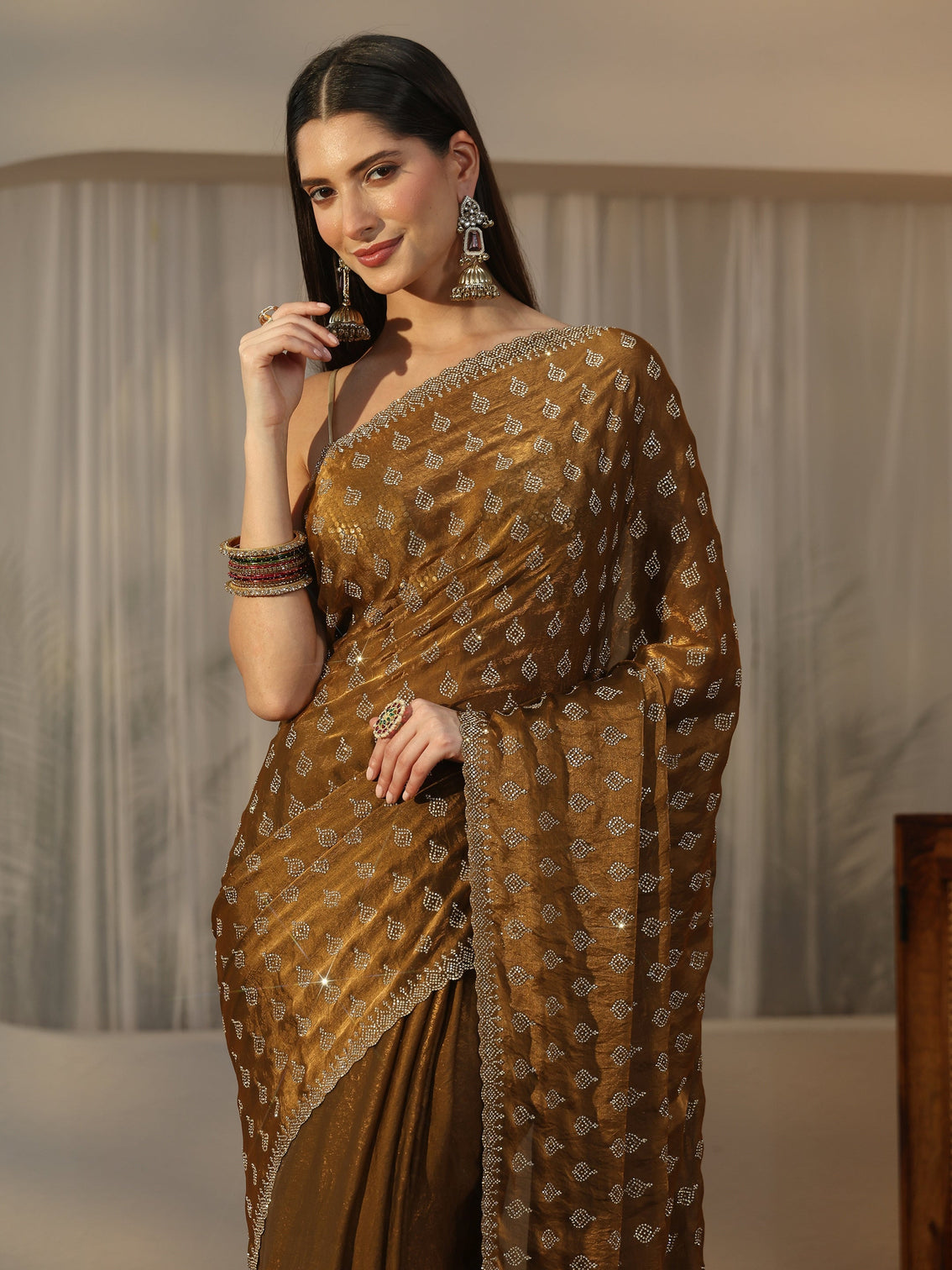 Mameraa Art Henna Green Embellished Tissue Saree