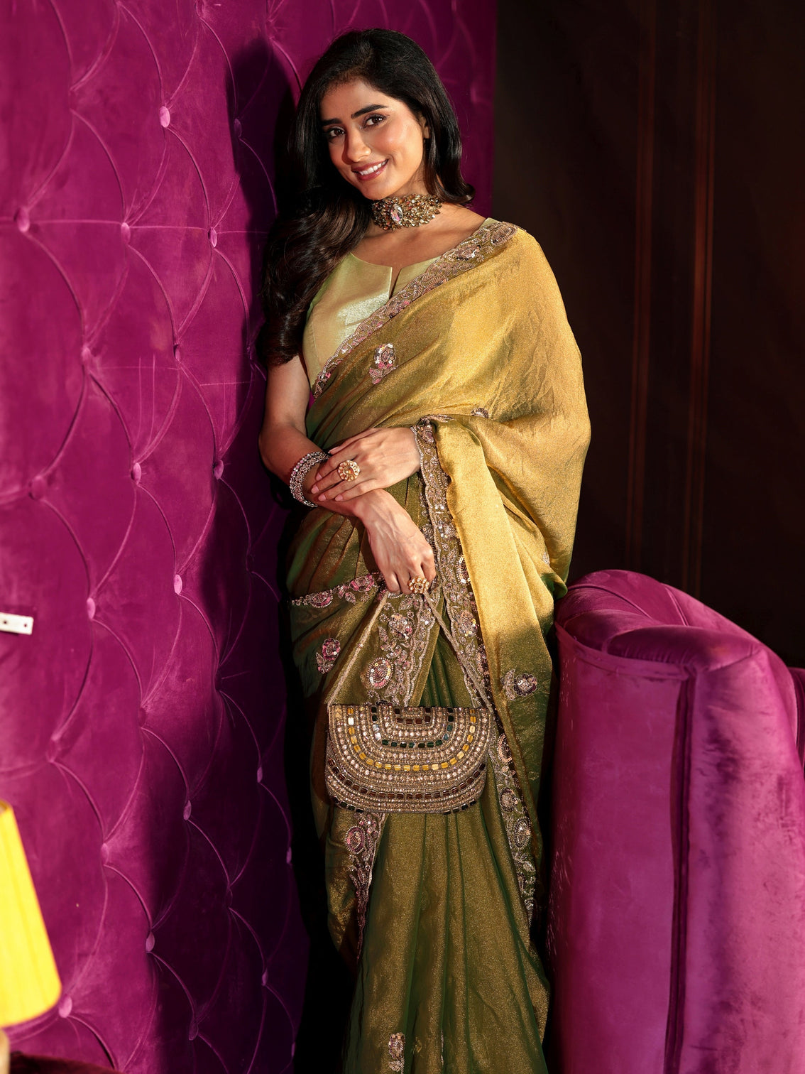 Mameraa Art Henna Green Floral Embellished Tissue Saree