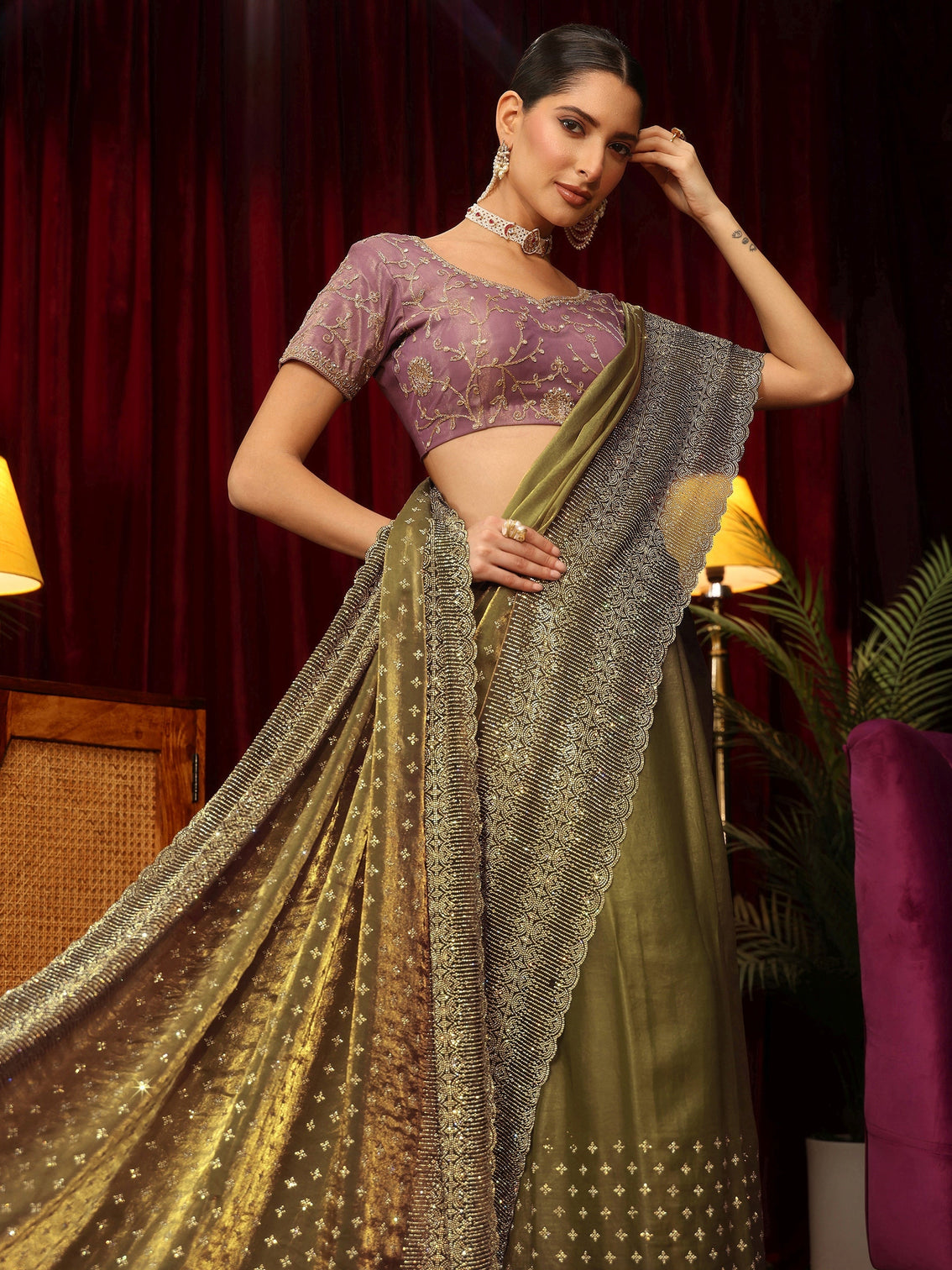Mameraa Art Henna Green Stone Work Embellished Tissue Saree