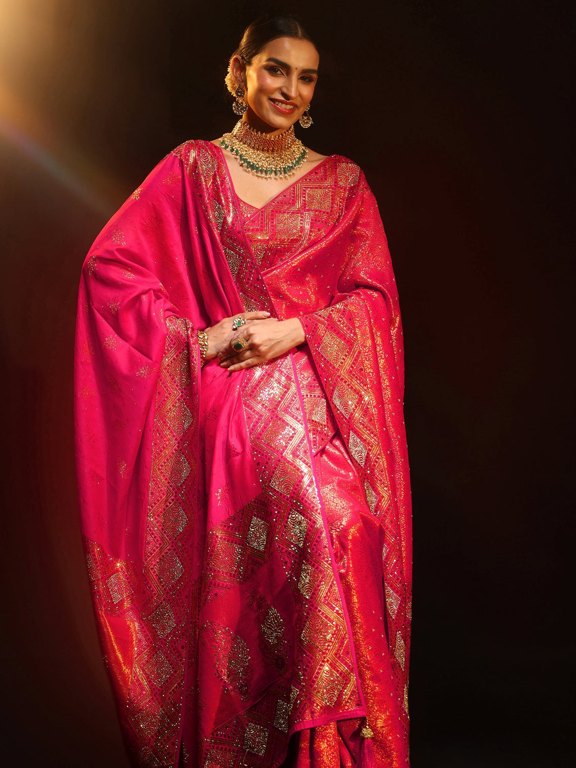 Mameraa Art Hot Pink Embellished Banarasi Silk Blend Saree with Dupatta