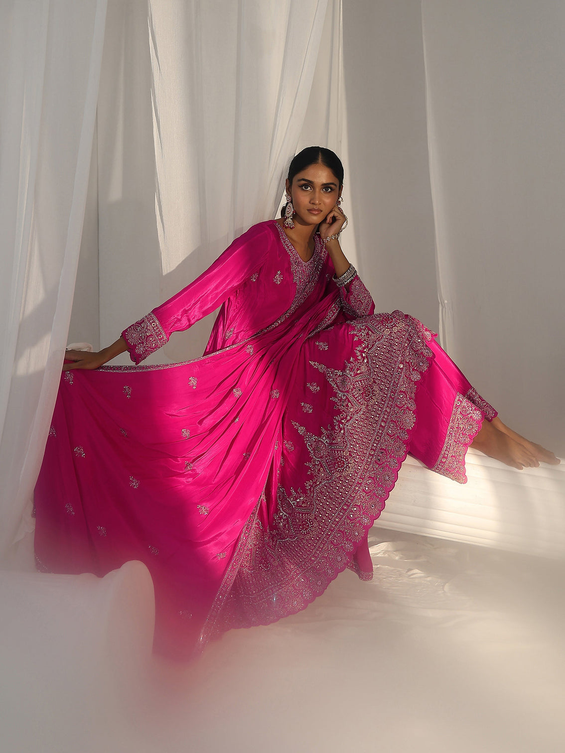 Mameraa Art Hot Pink Embellished Crepe A Line Suit Set