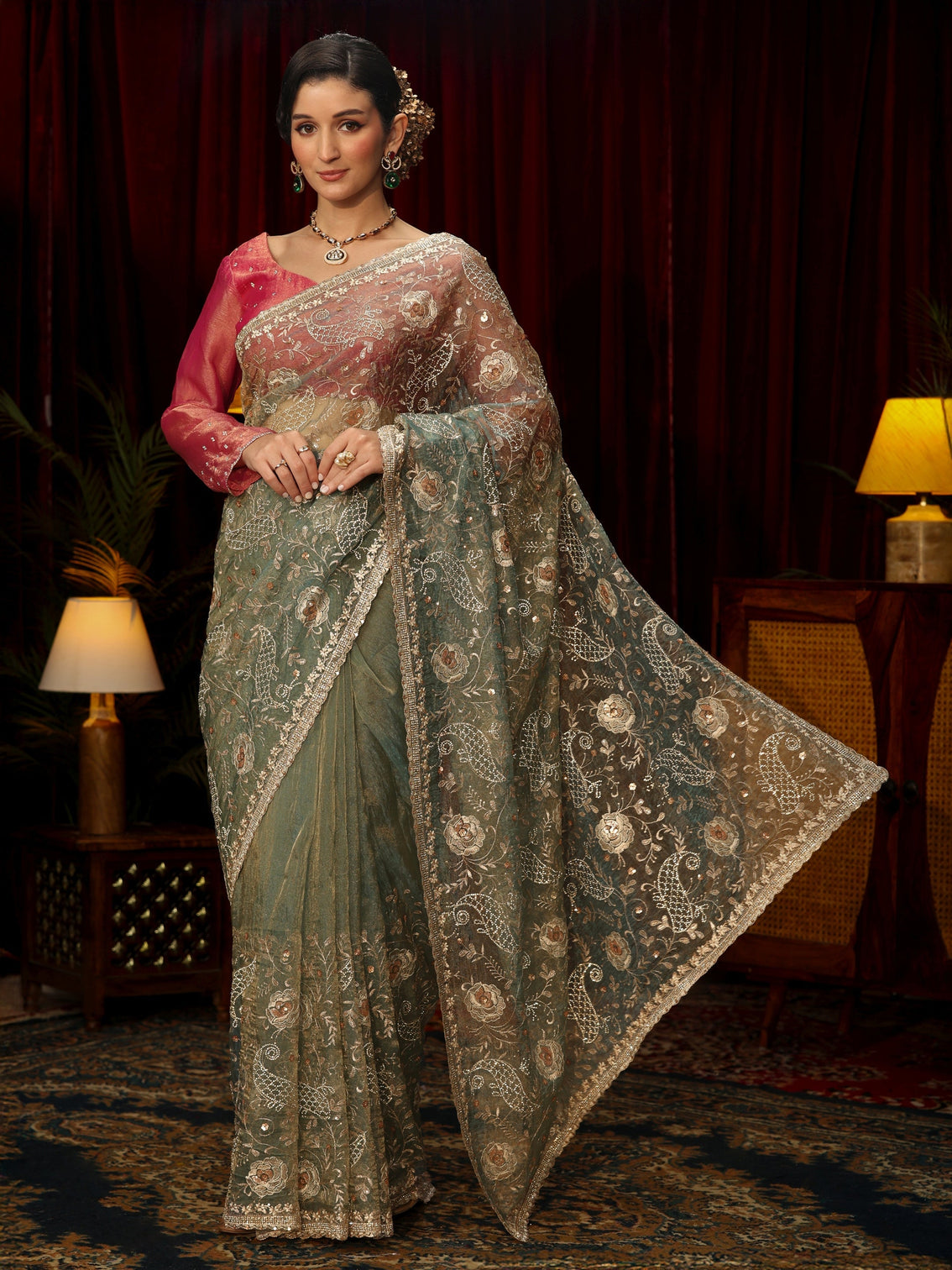 Mameraa Art Ice Blue Stone Work Embellished Tissue Saree