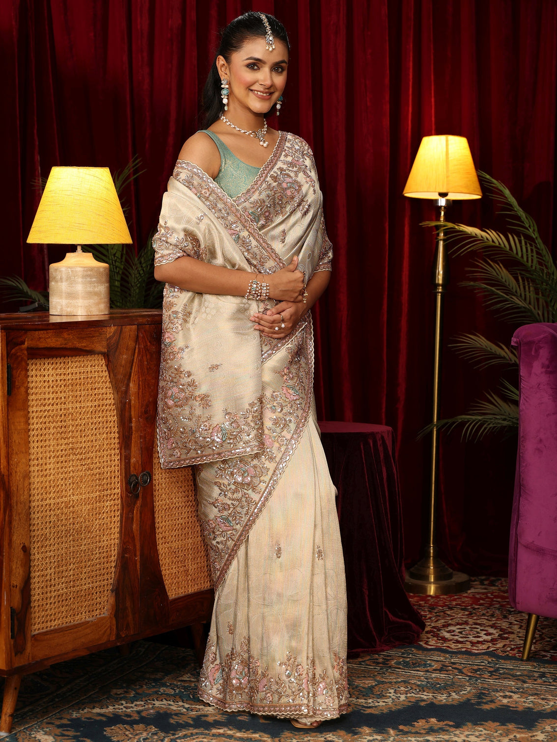 Mameraa Art Ivory Silk Blend Saree with Embellished Border - Mameraa