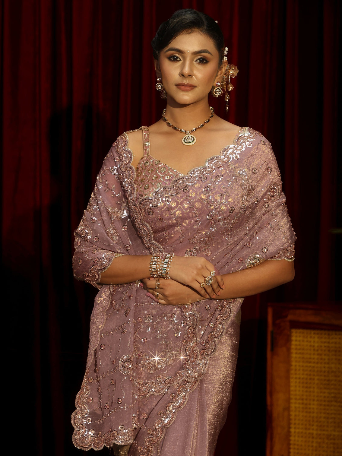 Mameraa Art Lavender Embellished Tissue Saree
