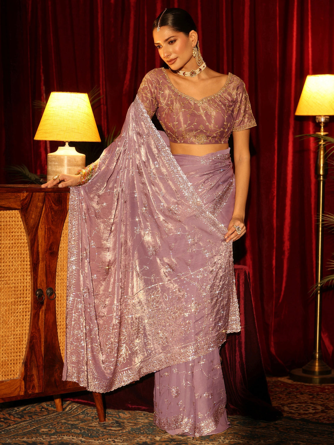 Mameraa Art Lavender Floral Bead Embellished Tissue Saree
