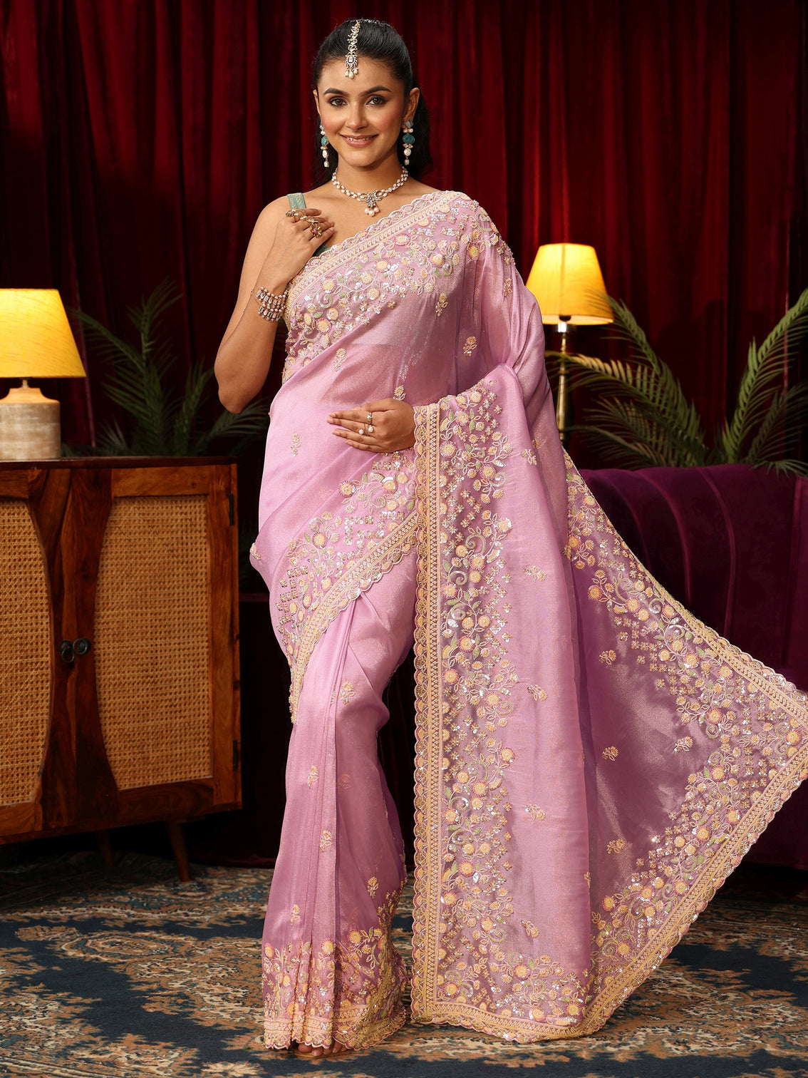 Mameraa Art Lavender Floral Bead and Sequin Embellished Tissue Saree