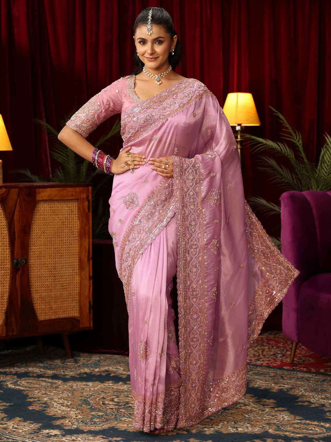 Mameraa Art Lavender Floral Bead and Sequin Embellished Tissue Saree