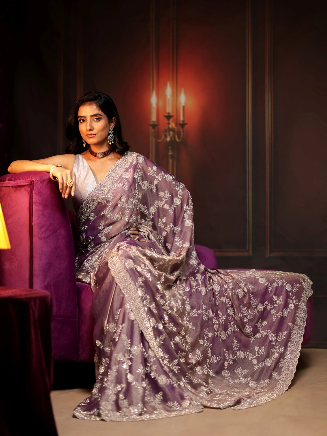 Mameraa Art Lavender Floral Embellished Tissue Saree