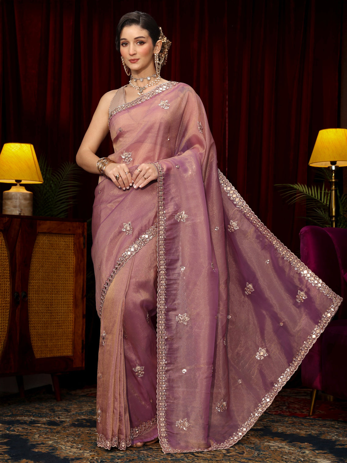Mameraa Art Lavender Floral Embellished Tissue Saree