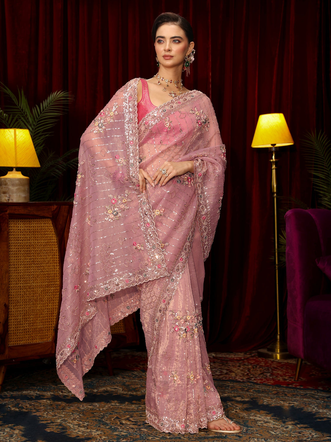 Mameraa Art Lavender Floral Embellished Tissue Saree