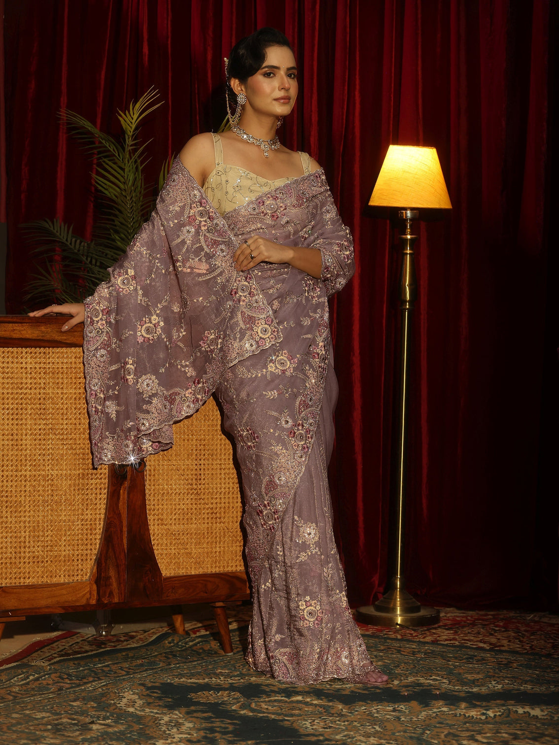 Mameraa Art Lavender Floral Embroidered Tissue Saree