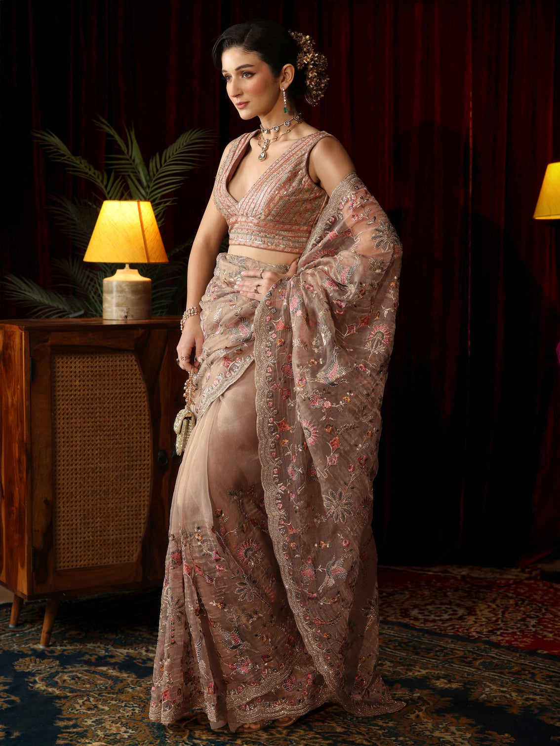 Mameraa Art Lavender Floral Stone Work Embellished Tissue Saree