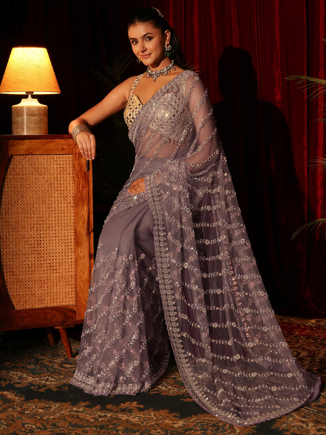 Mameraa Art Lavender Sequin Embellished Net Saree